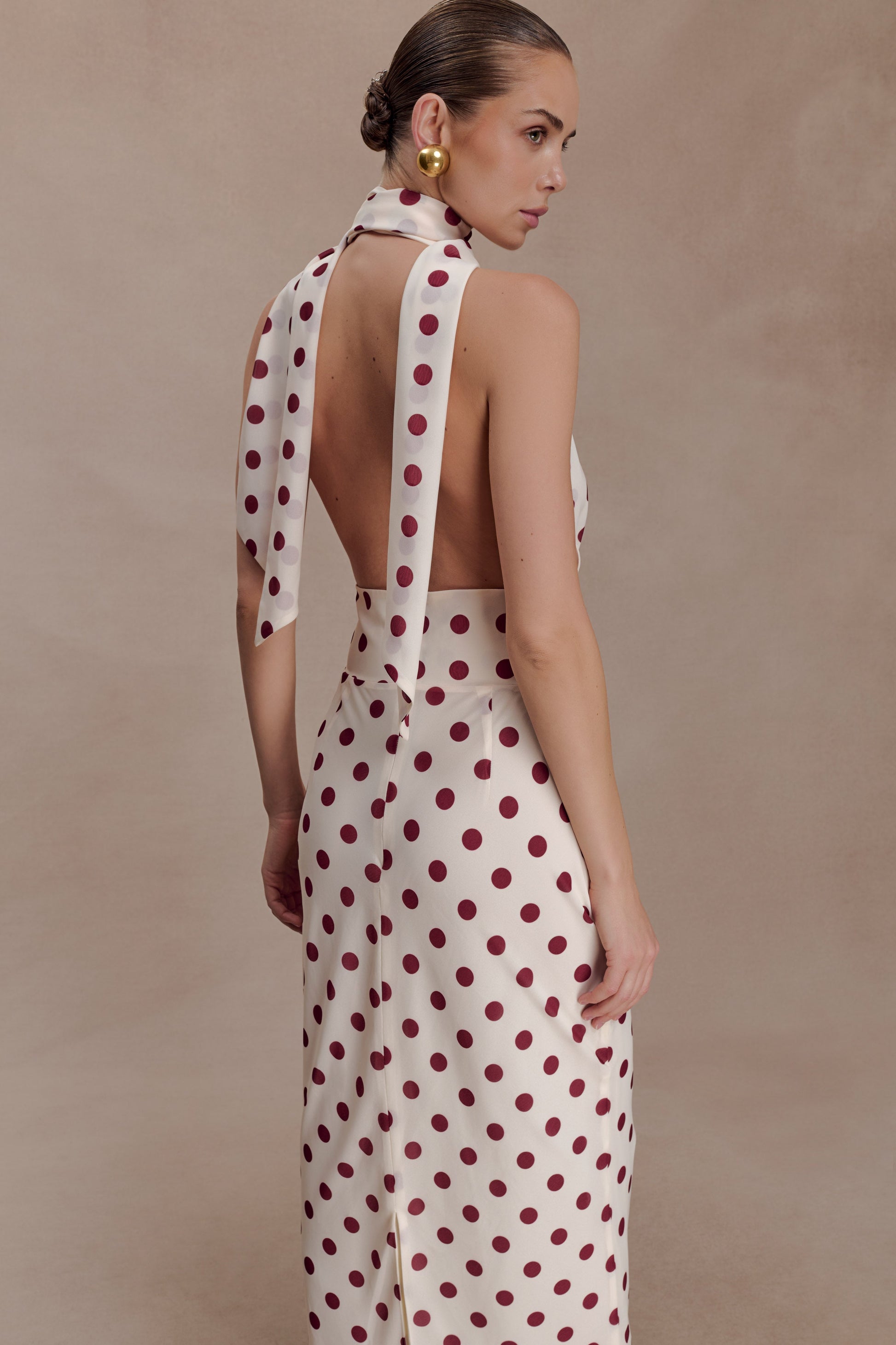 Nadine Halter Chiffon Maxi Dress - Ivory/Merlot Polka Dot #3