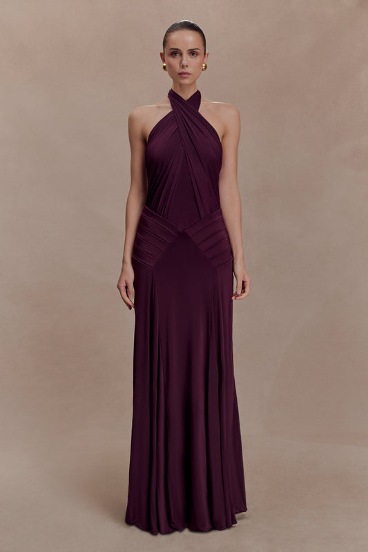 Indira Gathered Slinky Halter Maxi Dress - Mahogany