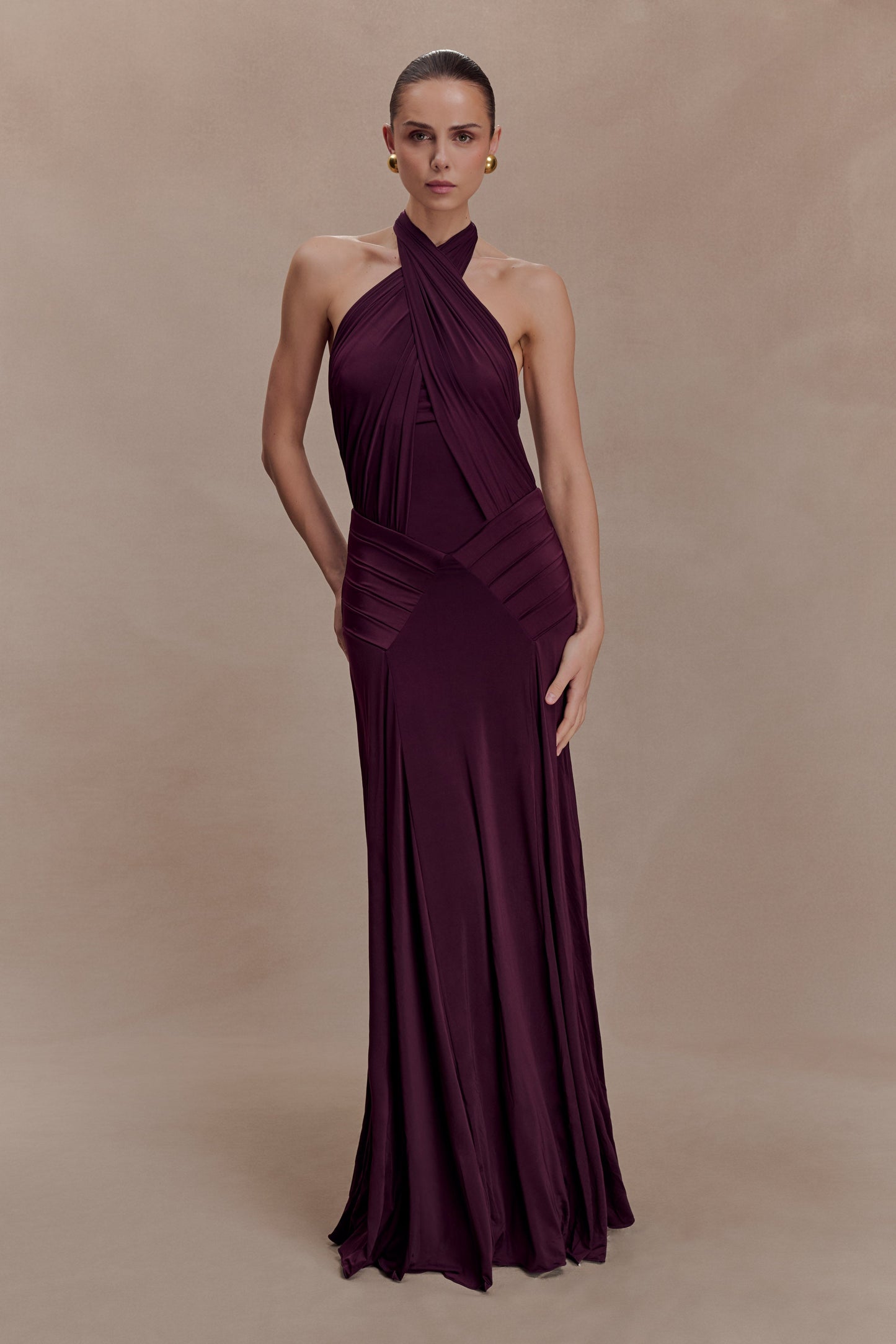 Indira Gathered Slinky Halter Maxi Dress - Mahogany