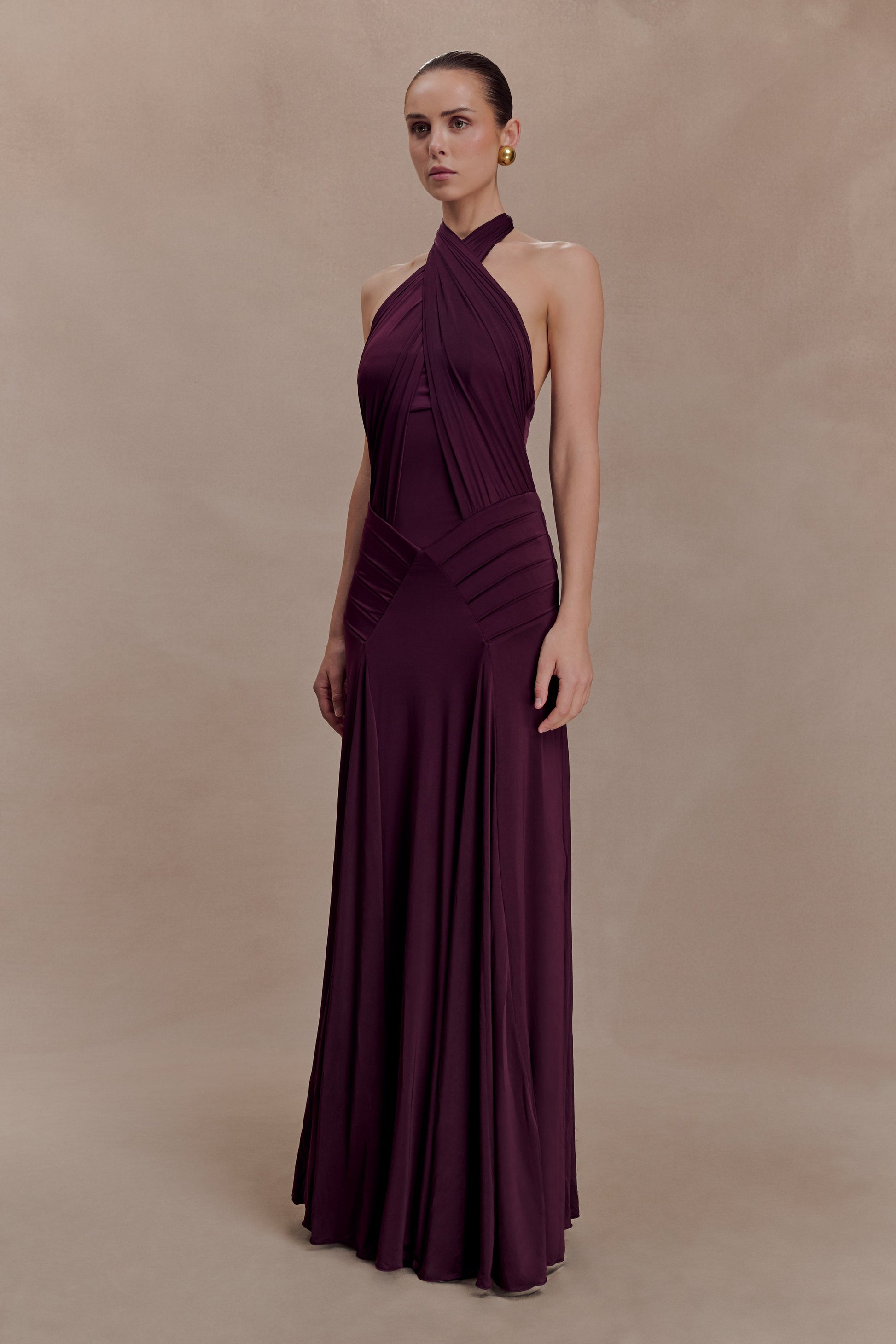 Indira Gathered Slinky Halter Maxi Dress - Mahogany #3