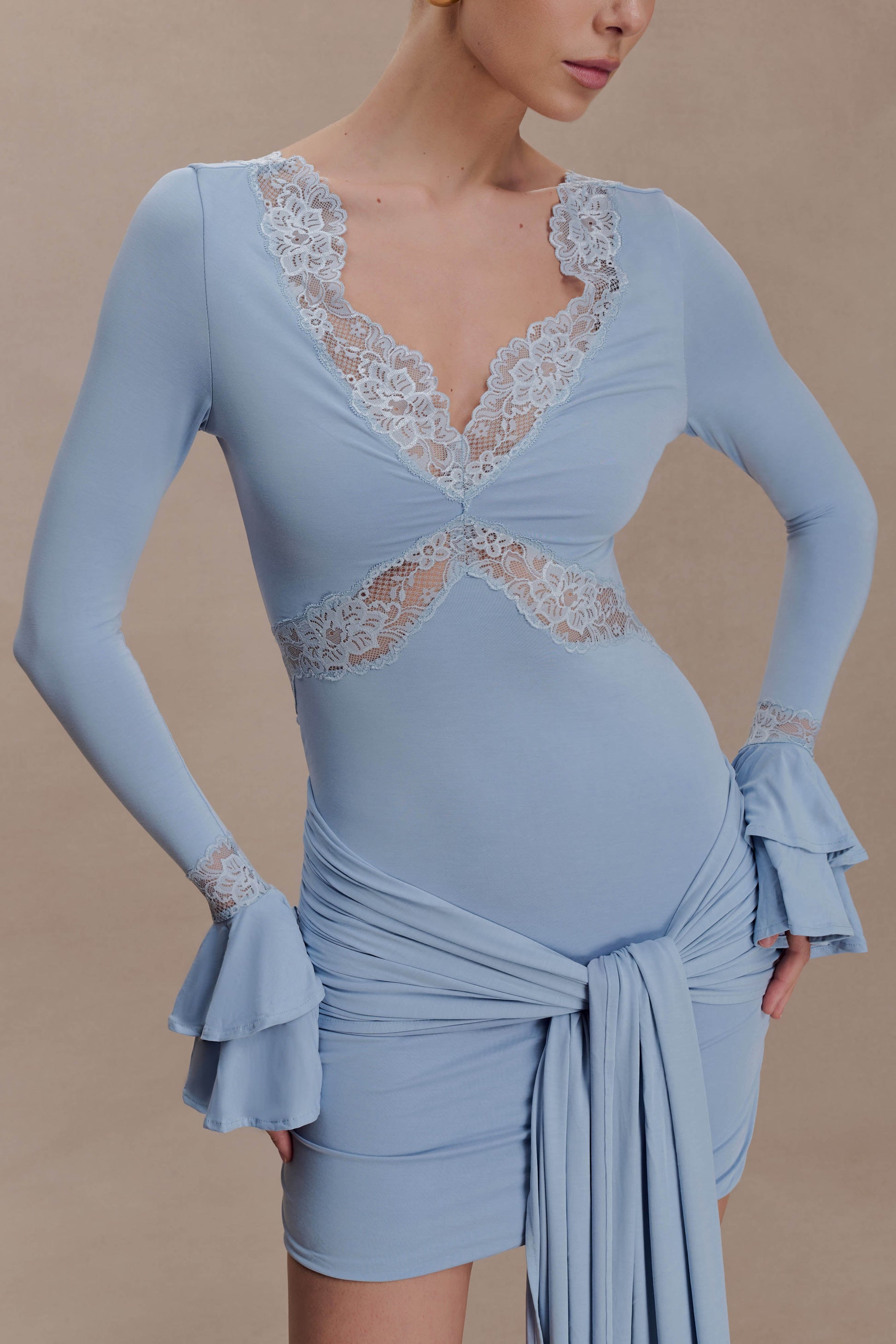 Electra Slinky Lace Mini Dress - Pale Blue #3