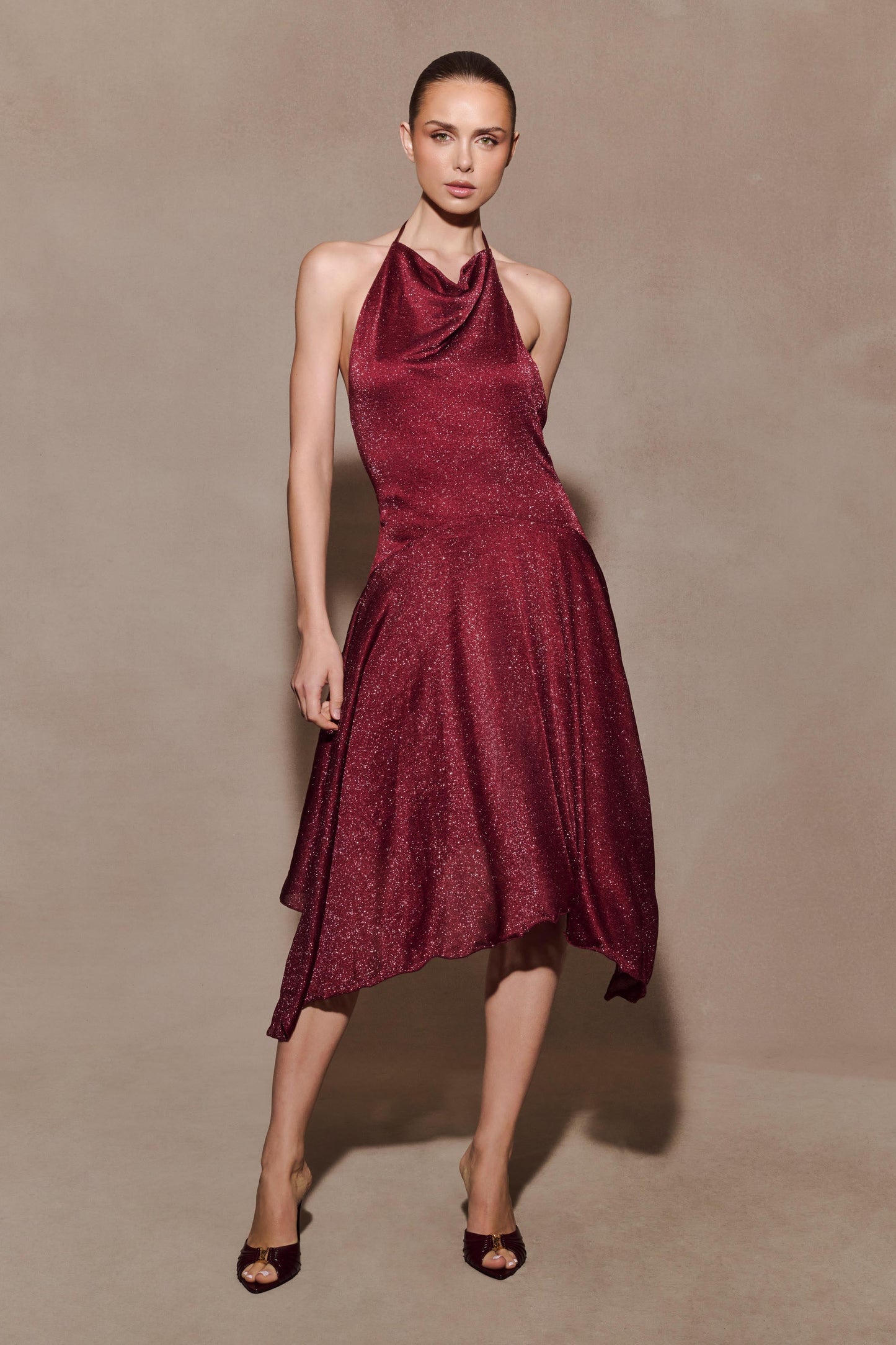 Sylvie Lurex Hankie Midi Dress - Wine