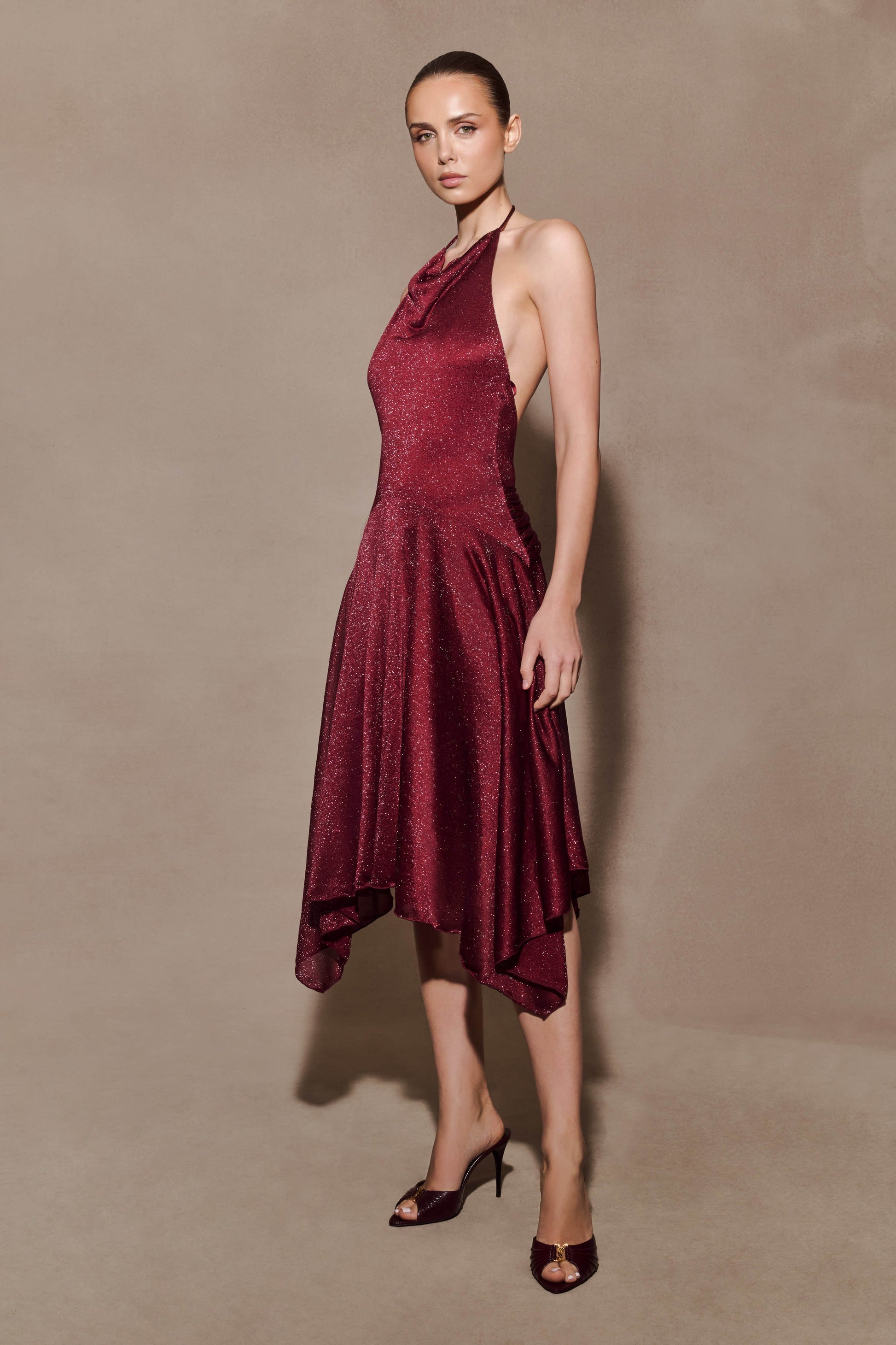 Sylvie Lurex Hankie Midi Dress - Wine #5