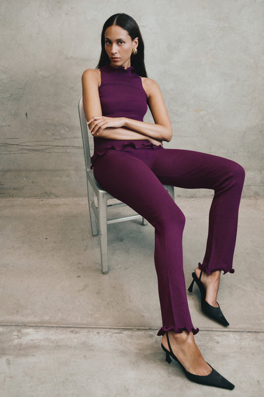 Diya Ribbed High Waisted Pants With Wire Hem - Plum