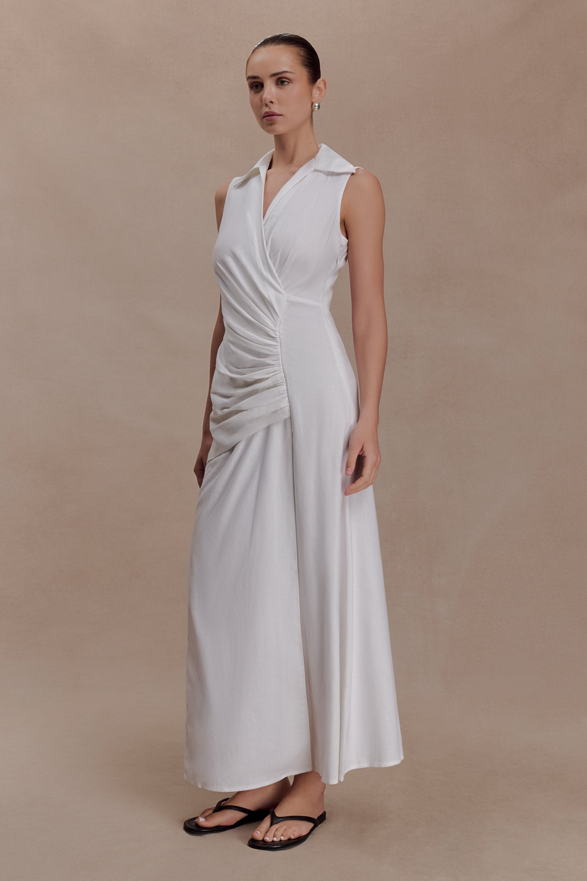 Dante Ruched Linen Midi Dress - White #3