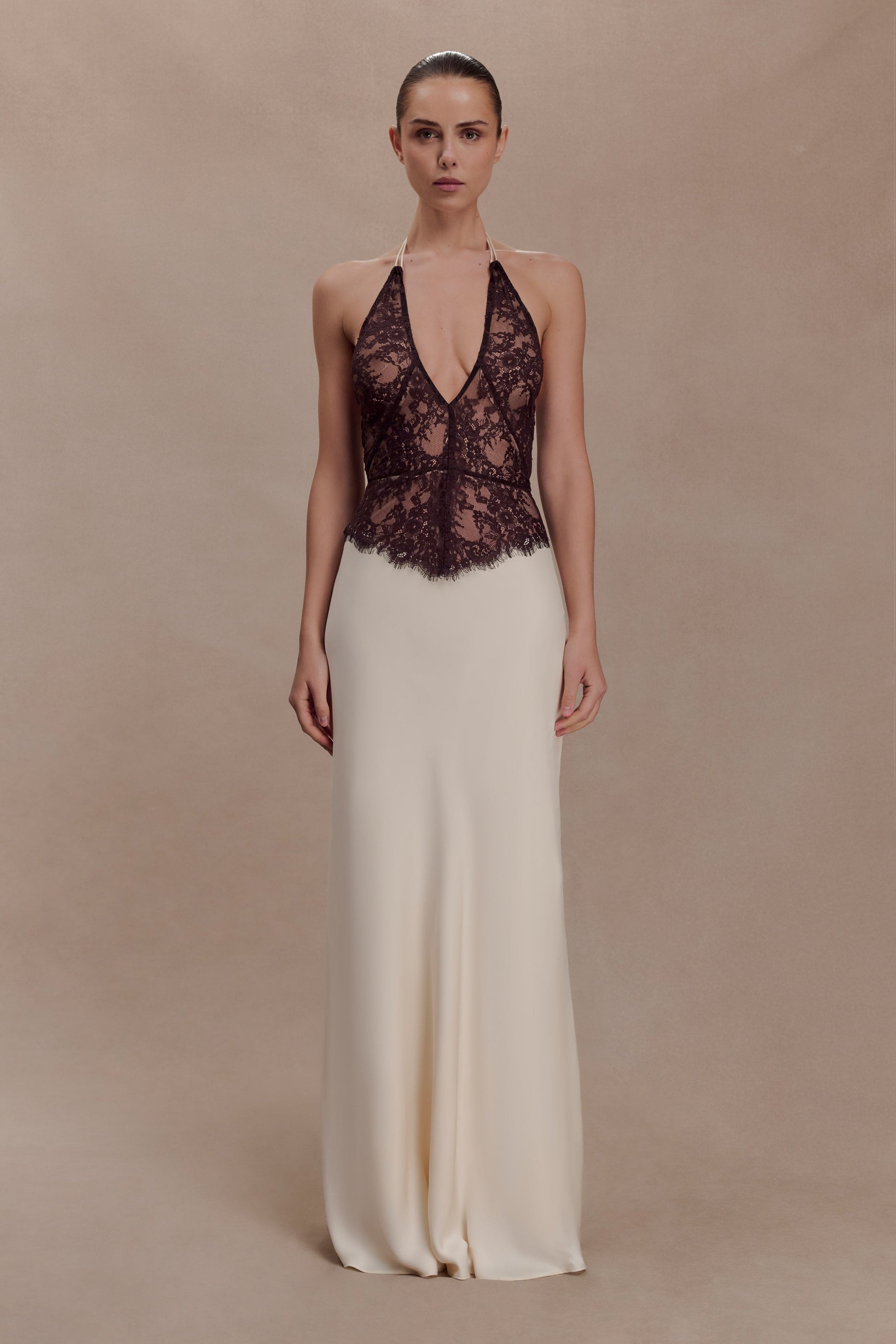 Sascha Lace And Satin Halter Maxi Dress - Ivory/Chocolate #5