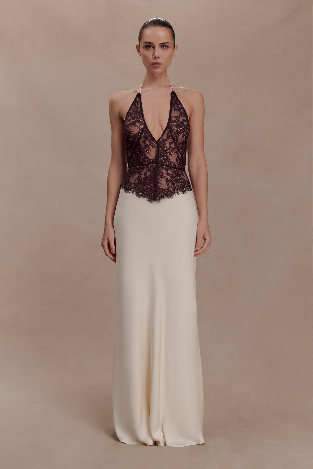 Sascha Lace And Satin Halter Maxi Dress - Ivory/Chocolate #5
