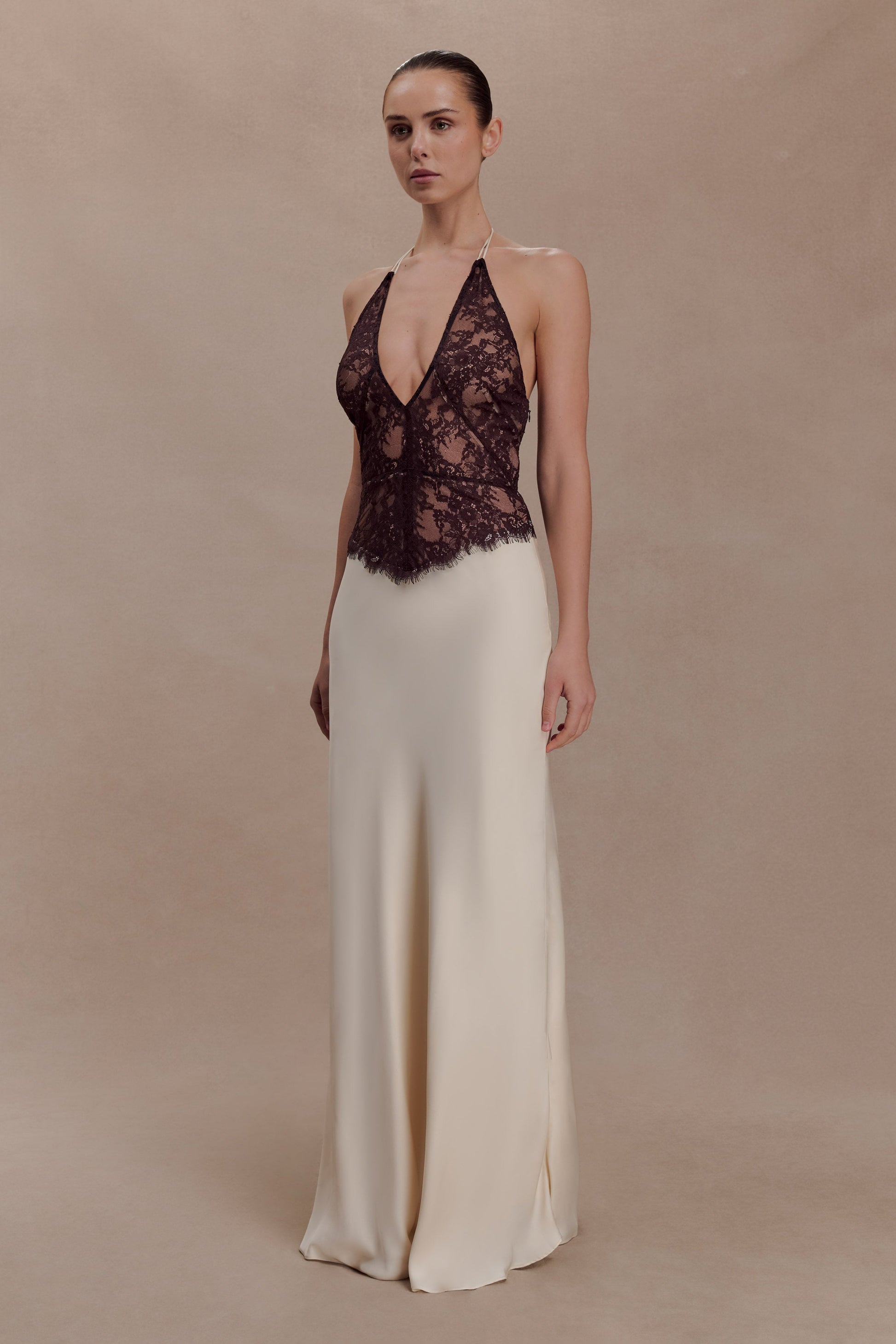 Sascha Lace And Satin Halter Maxi Dress - Ivory/Chocolate #4