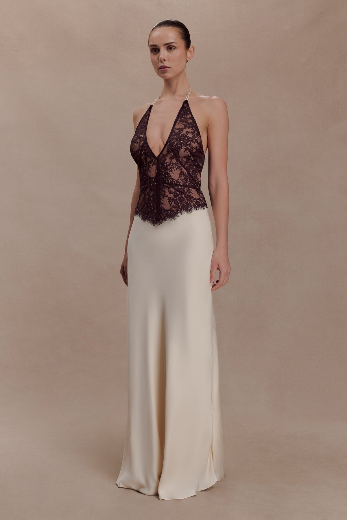 Sascha Lace And Satin Halter Maxi Dress - Ivory/Chocolate #4