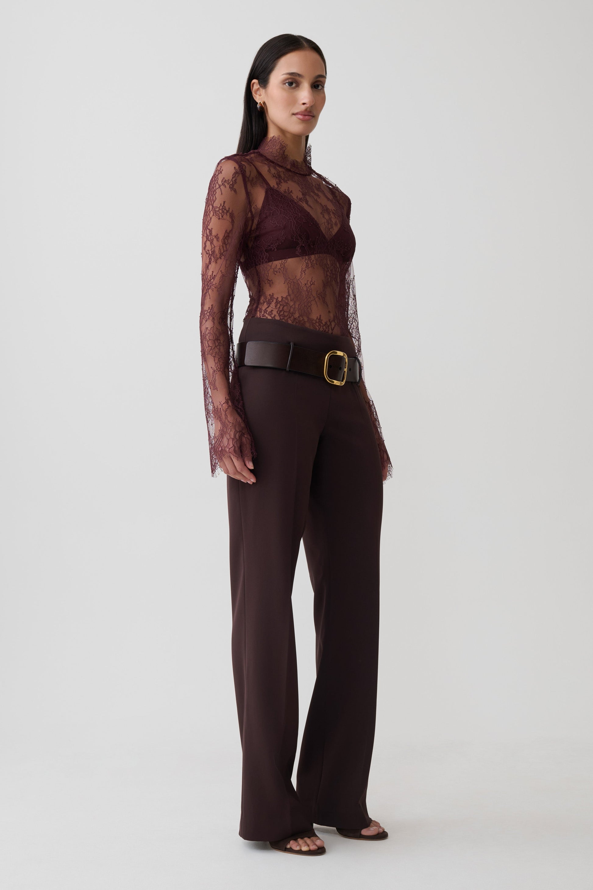 Alizette High Neck Long Sleeve Lace Top - Burgundy #7