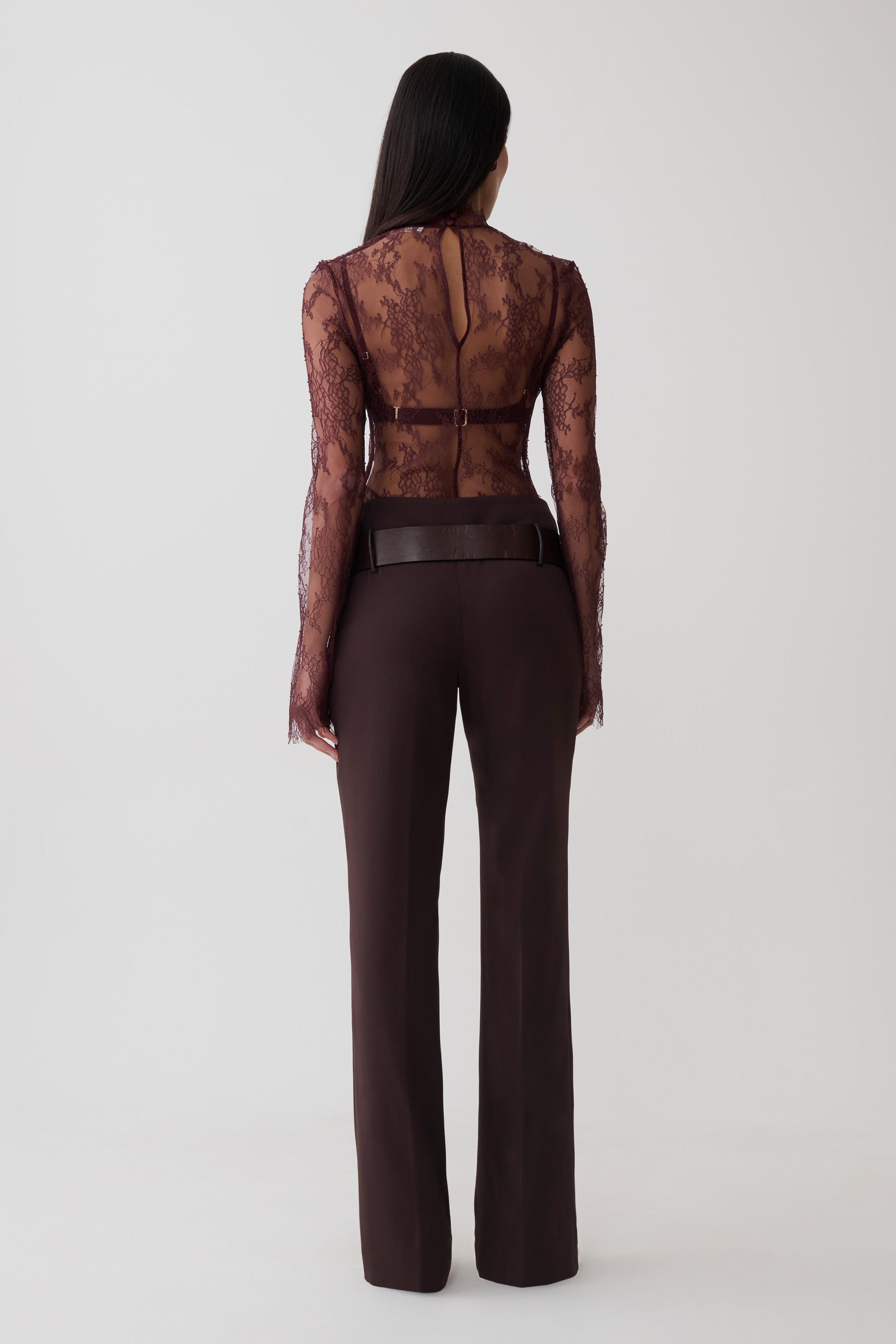 Alizette High Neck Long Sleeve Lace Top - Burgundy #8