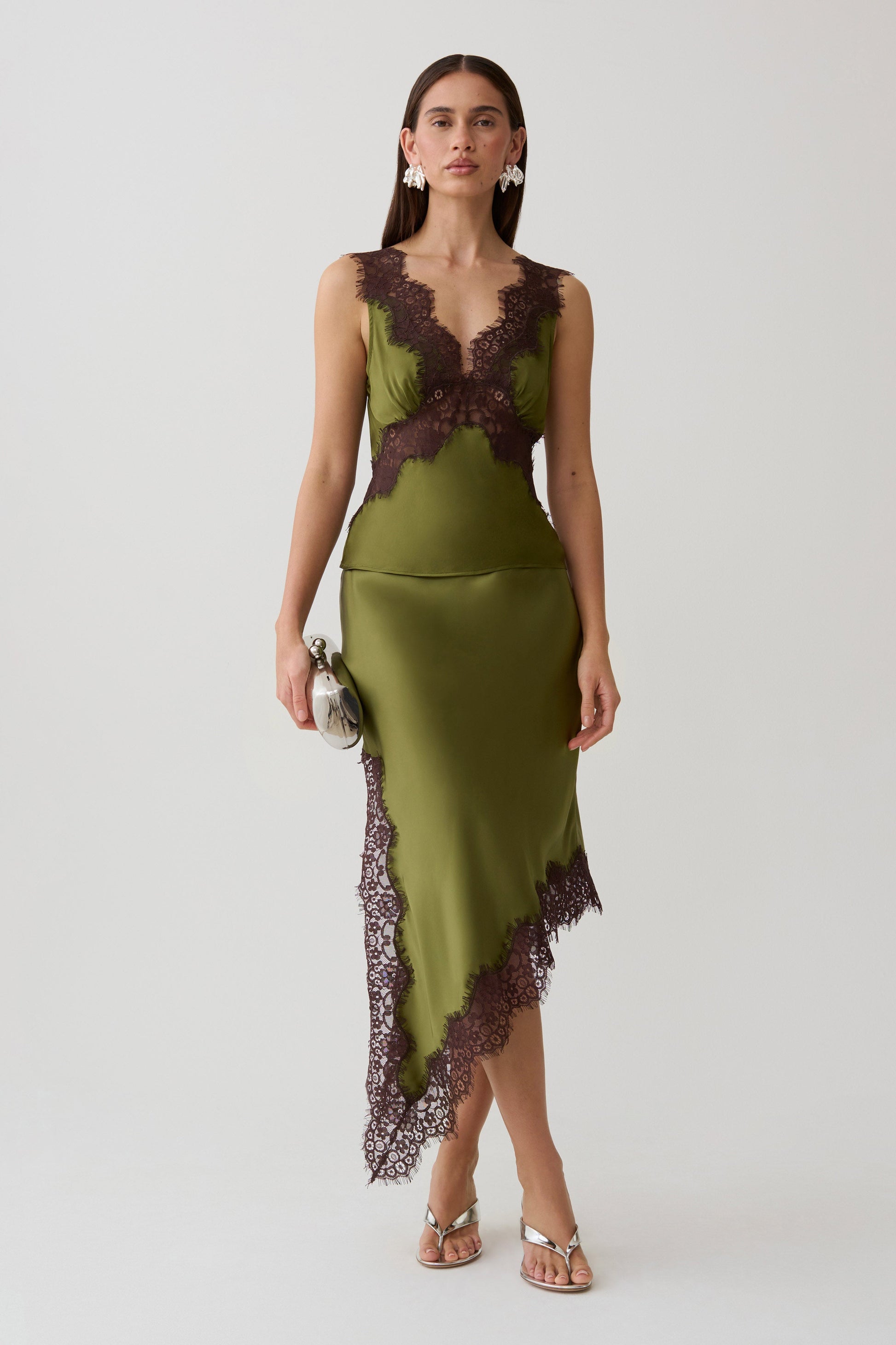 Amber Satin And Lace Camisole - Olive #7