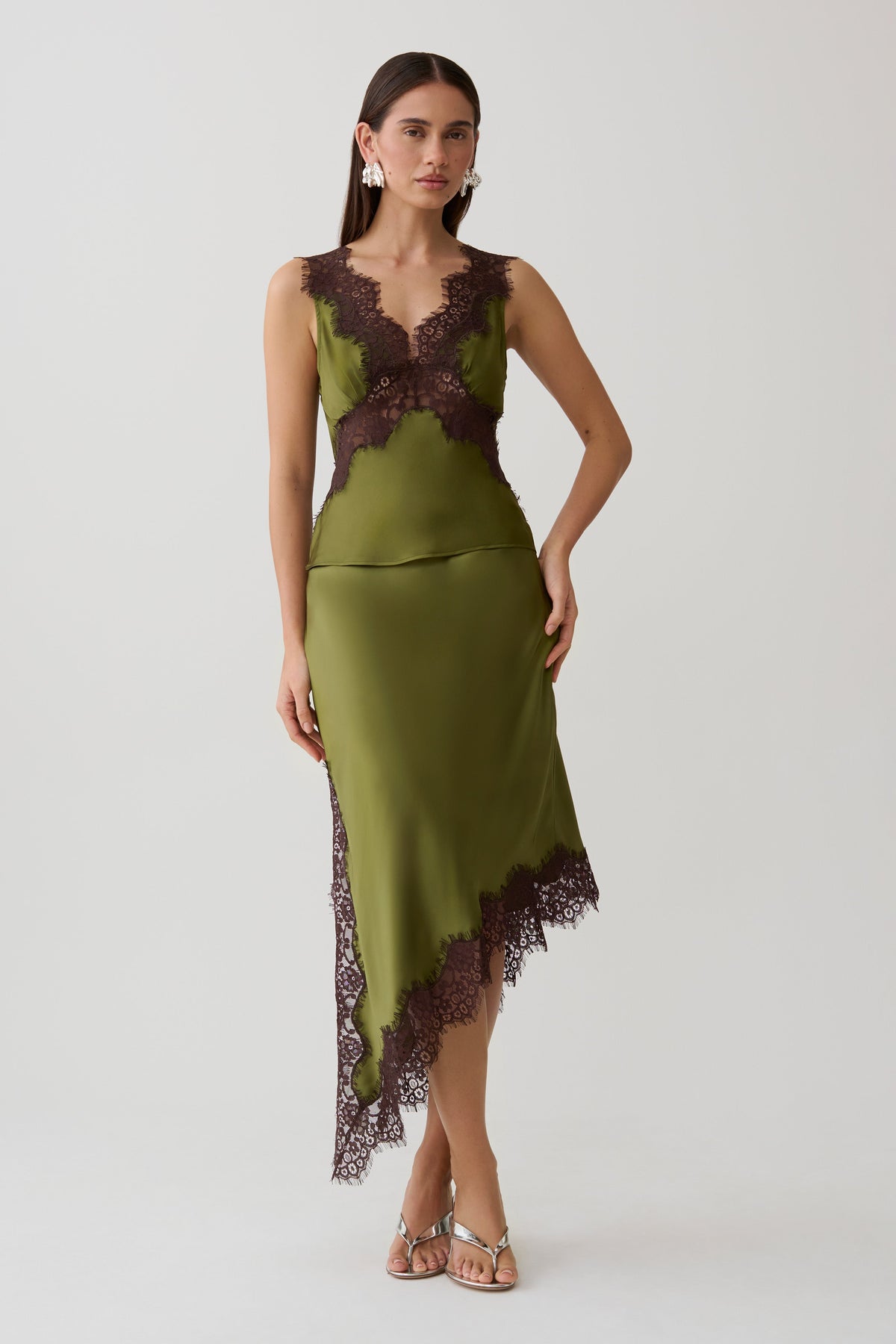 Amber Satin And Lace Midi Skirt - Olive #5
