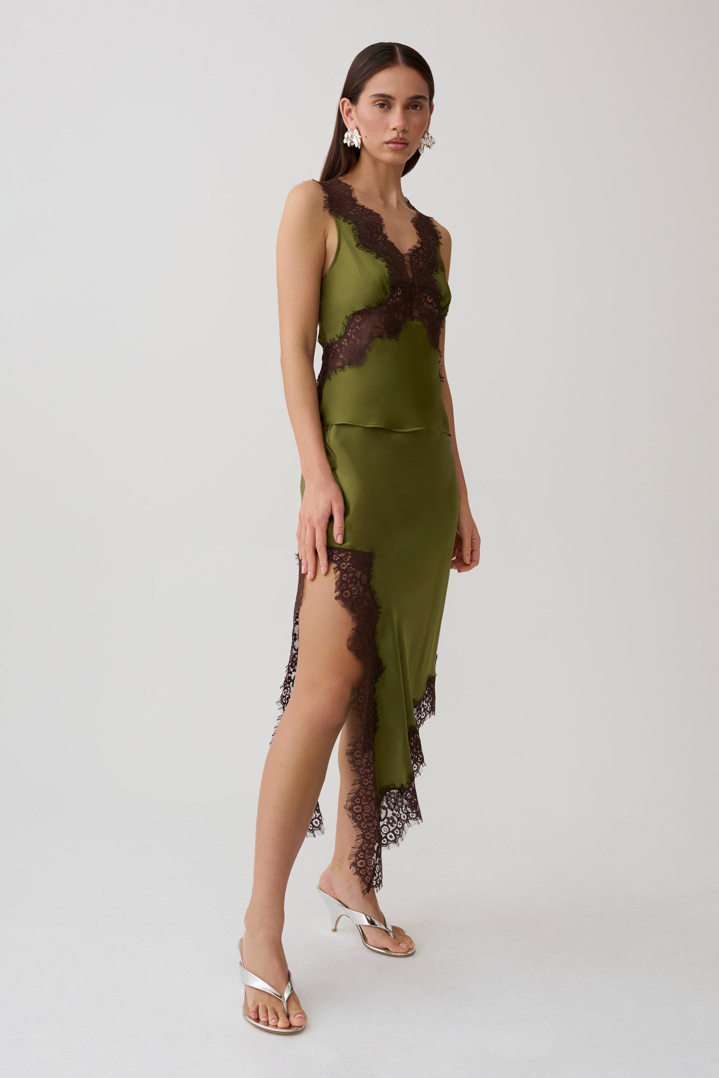 Amber Satin And Lace Camisole - Olive