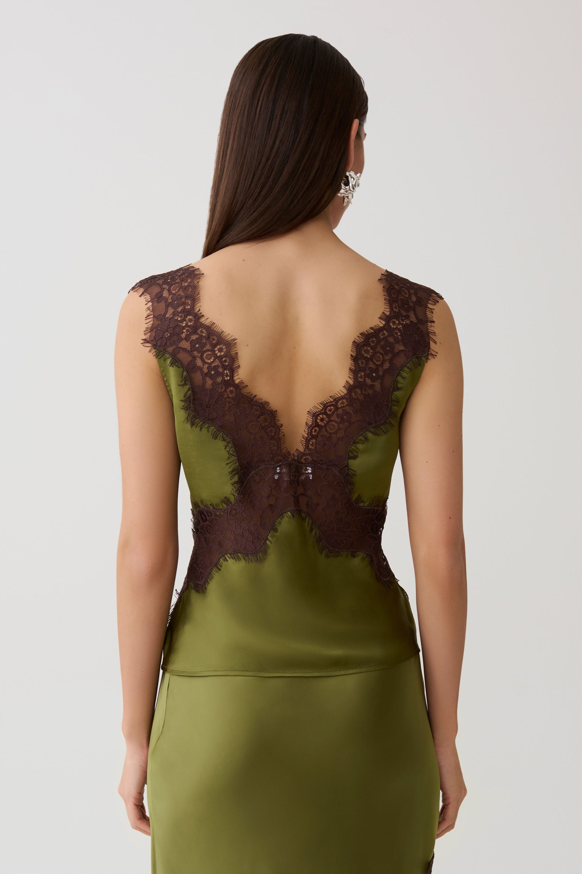 Amber Satin And Lace Camisole - Olive #2