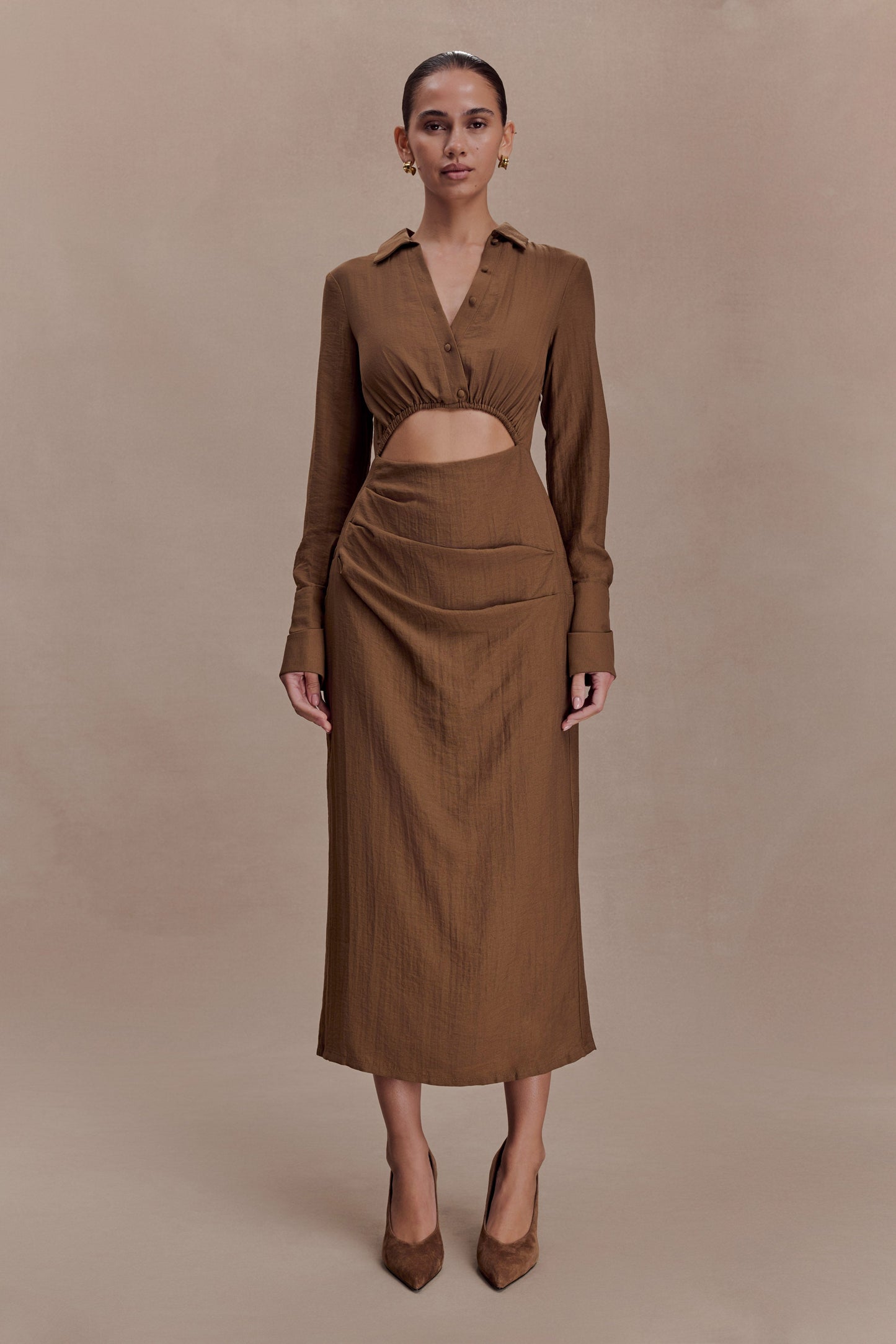 Cecilie Cut Out Shirt Midi Dress - Dark Chocolate