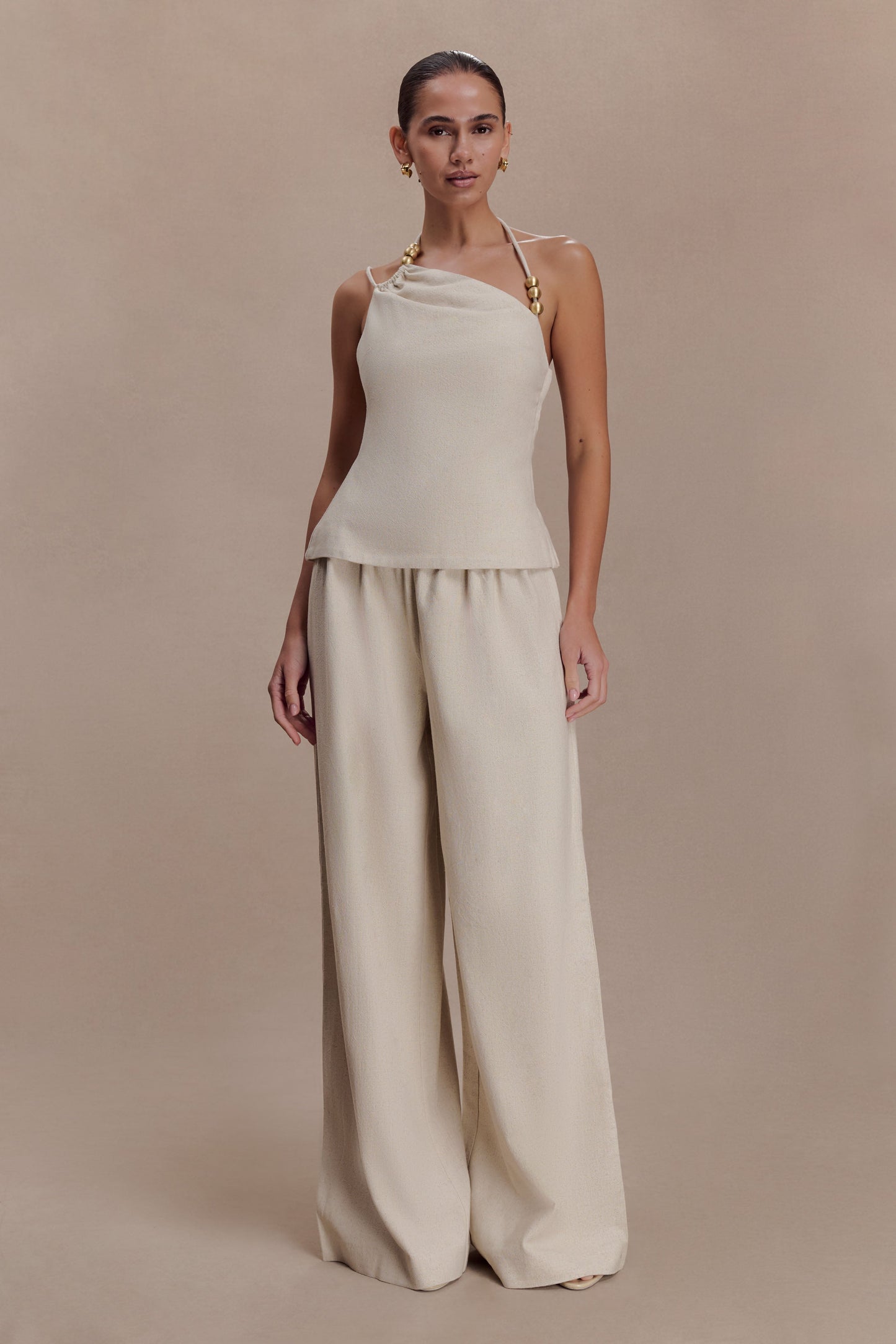 Gabby Asymmetrical Neckline Linen Beaded Top - Natural