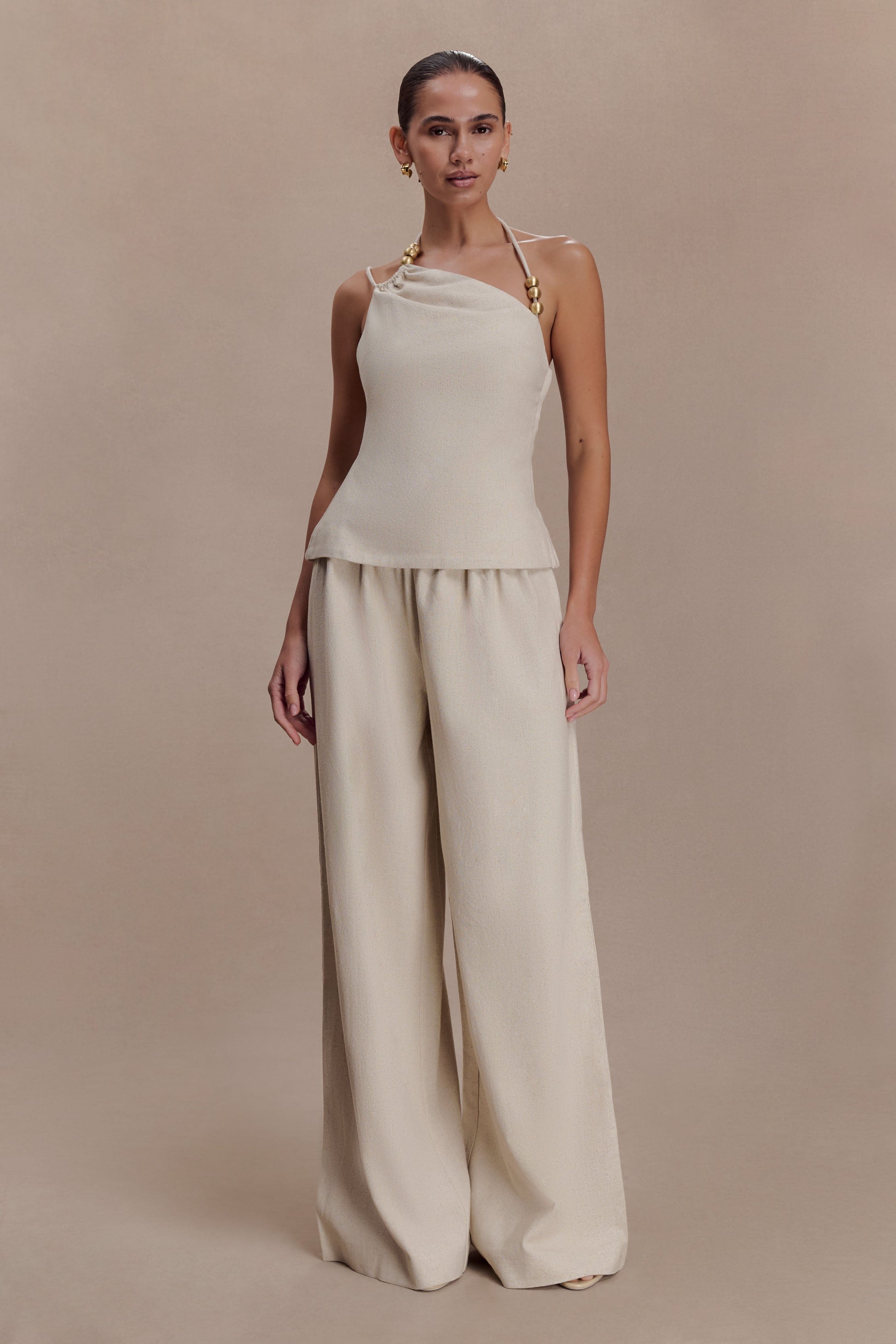 Gabby Asymmetrical Neckline Linen Beaded Top - Natural #5