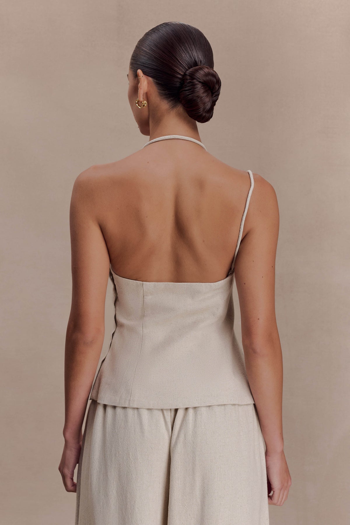 Gabby Asymmetrical Neckline Linen Beaded Top - Natural #2