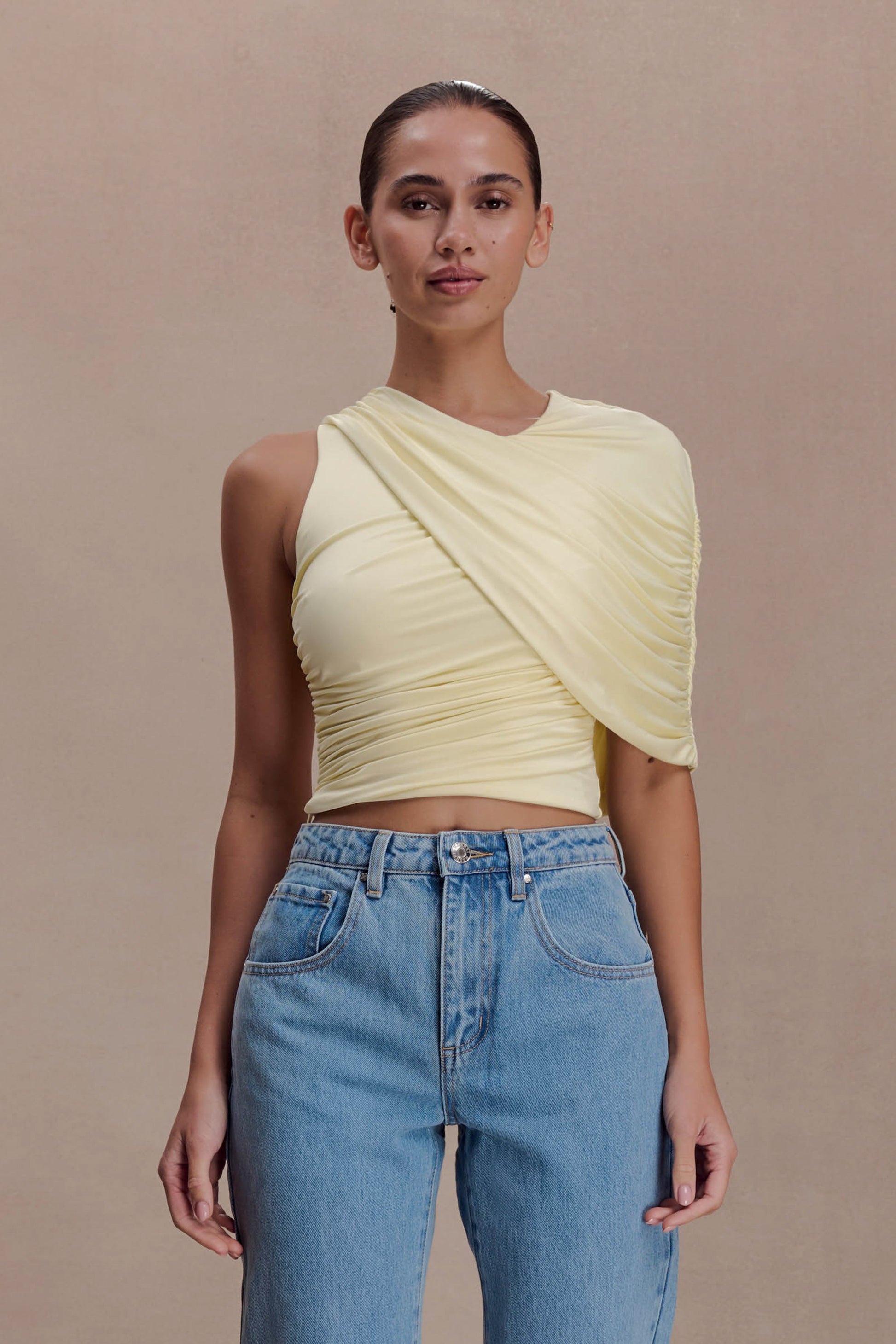 Adrienne One Shoulder Slinky Top - Lemon
