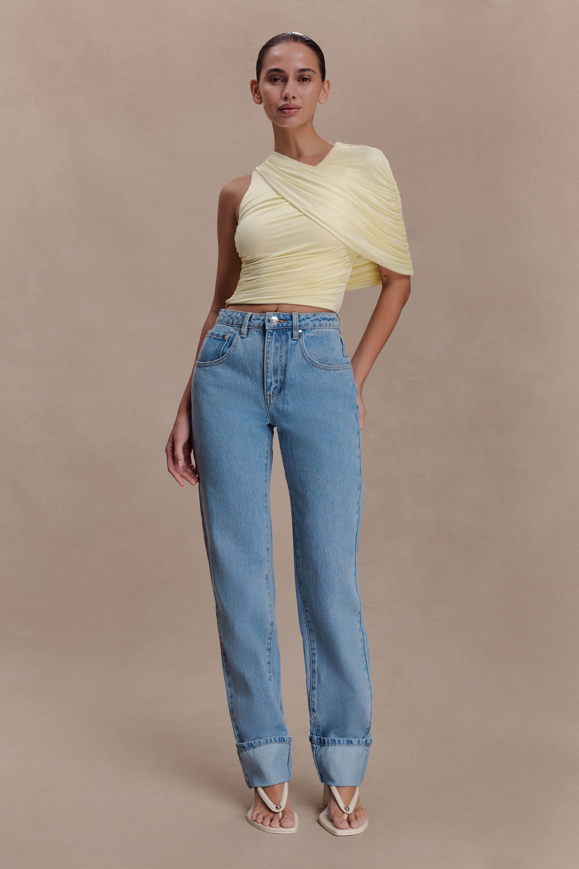 Adrienne One Shoulder Slinky Top - Lemon #3