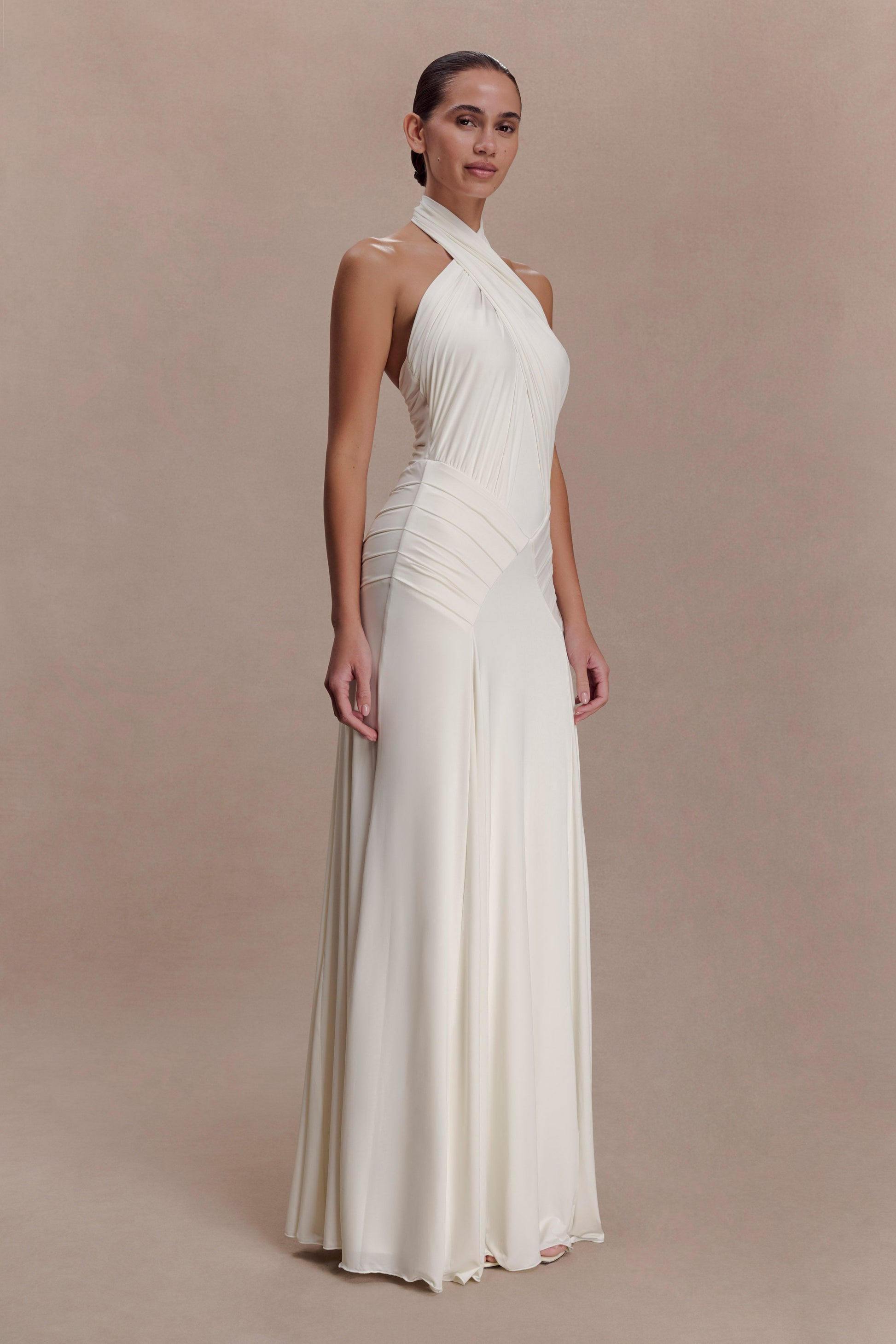 Indira Gathered Slinky Halter Maxi Dress - Ivory #4