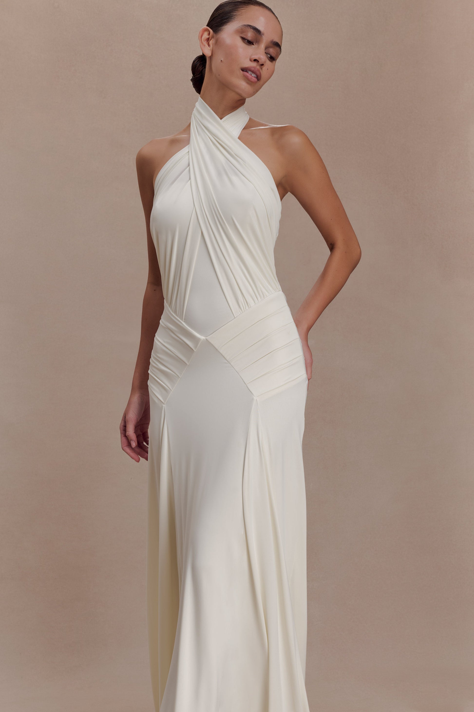 Indira Gathered Slinky Halter Maxi Dress - Ivory #5