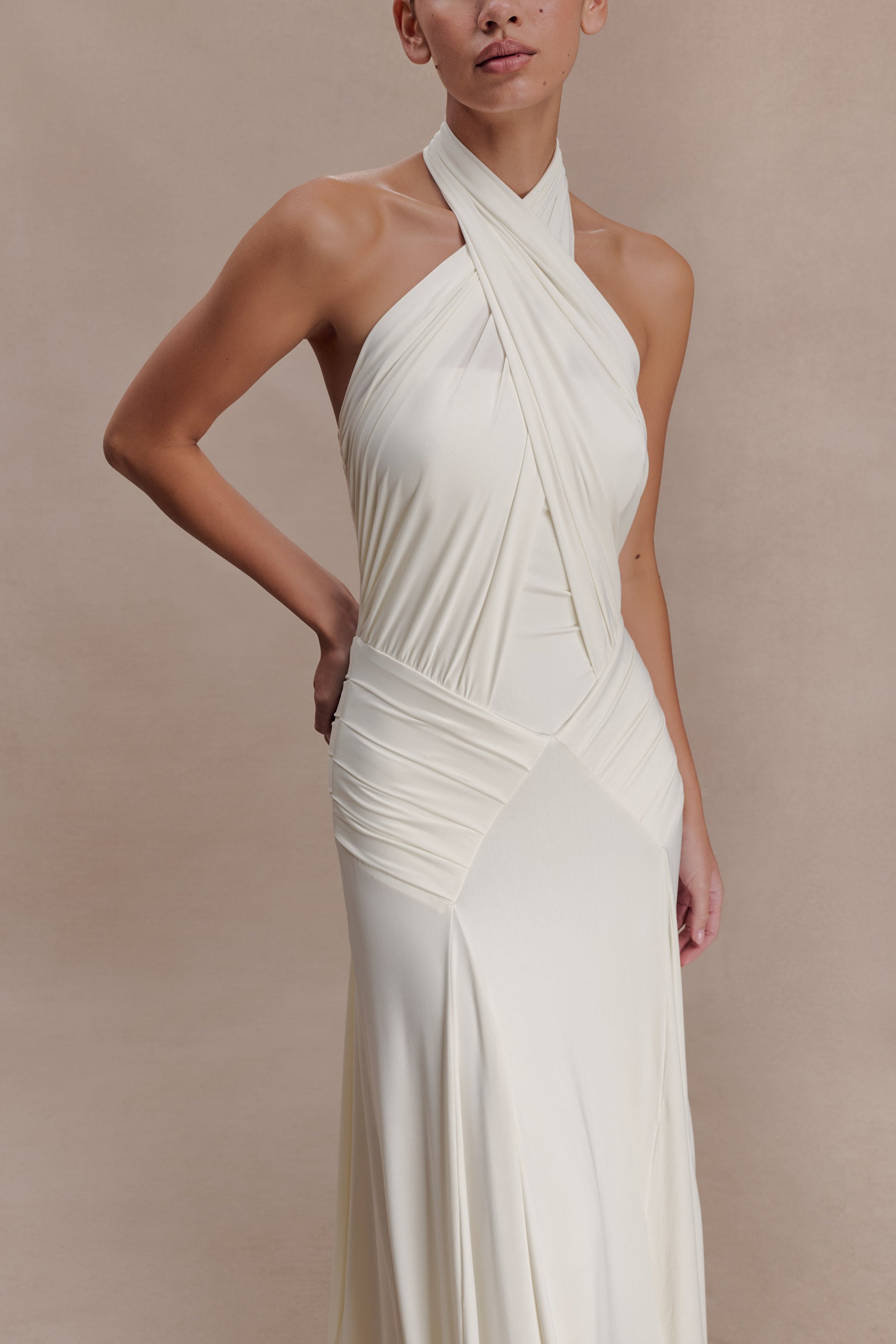 Indira Gathered Slinky Halter Maxi Dress - Ivory #3