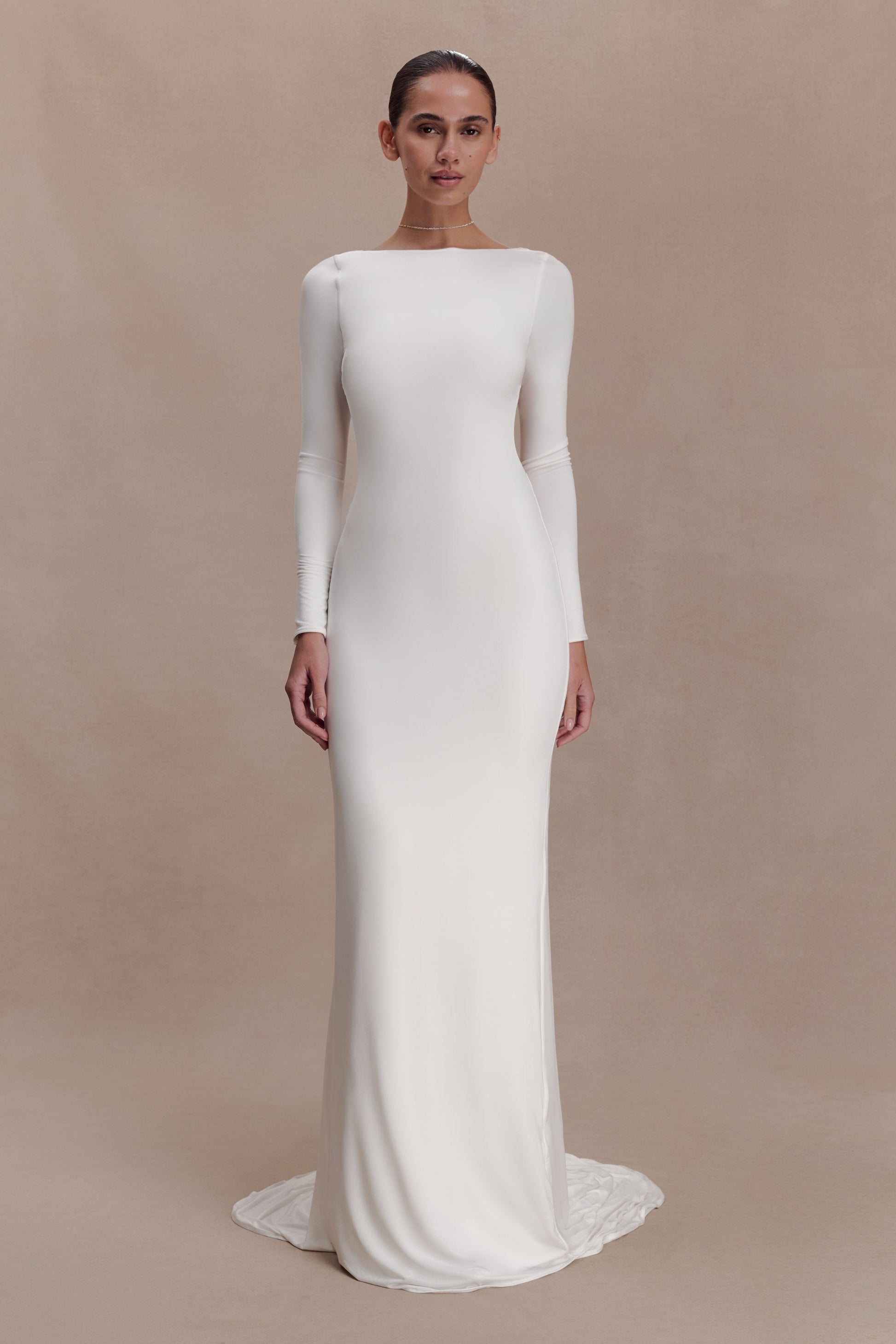long white dress low back Marlene Slinky Maxi - Size:Waist 30 fabric group_fashion denim The Dessy Group Women's May be worn with