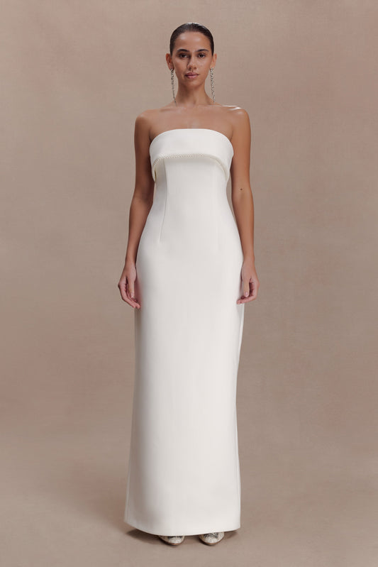 Sloane Strapless Maxi Dress With Pearls - White