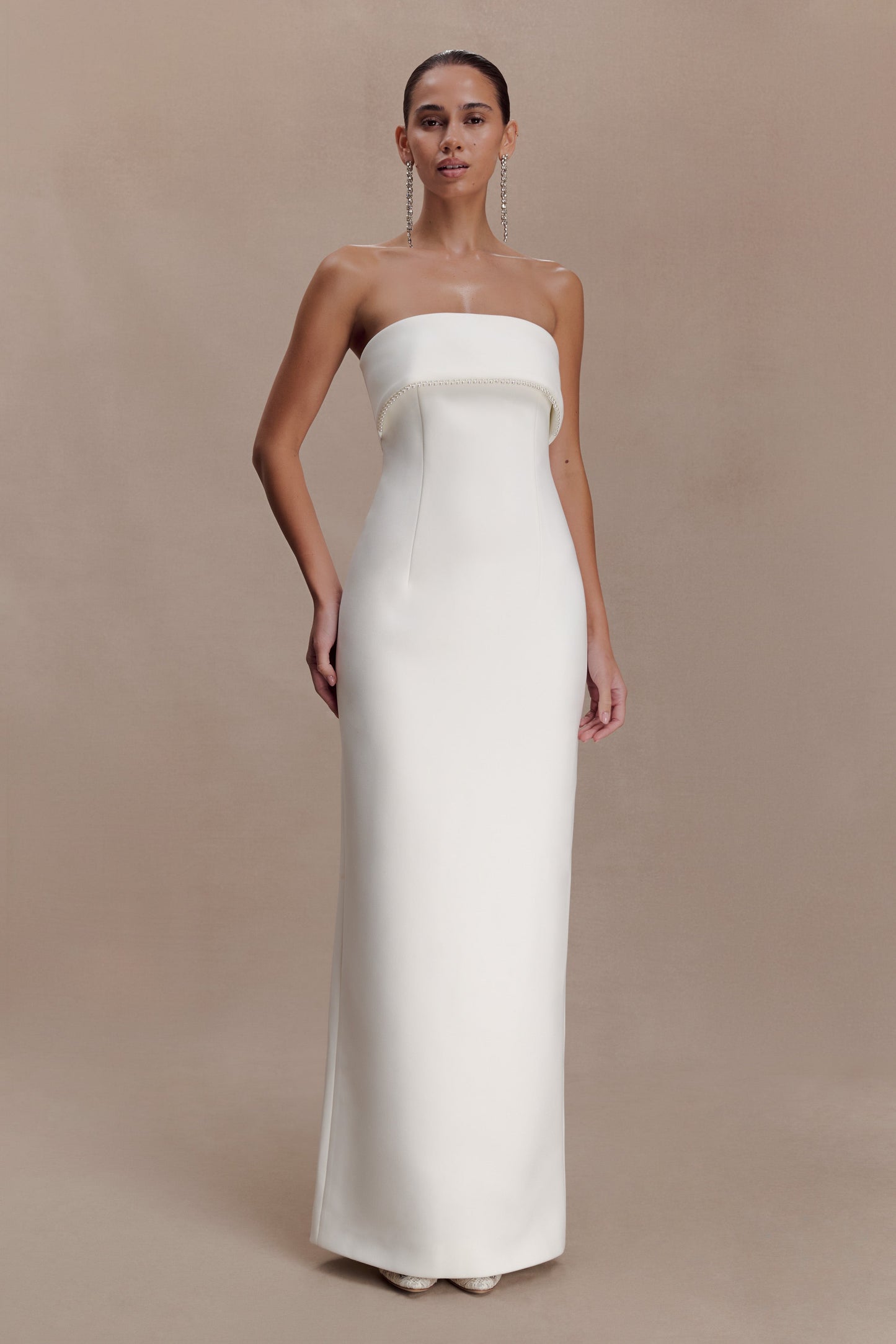 Sloane Strapless Maxi Dress With Pearls - White