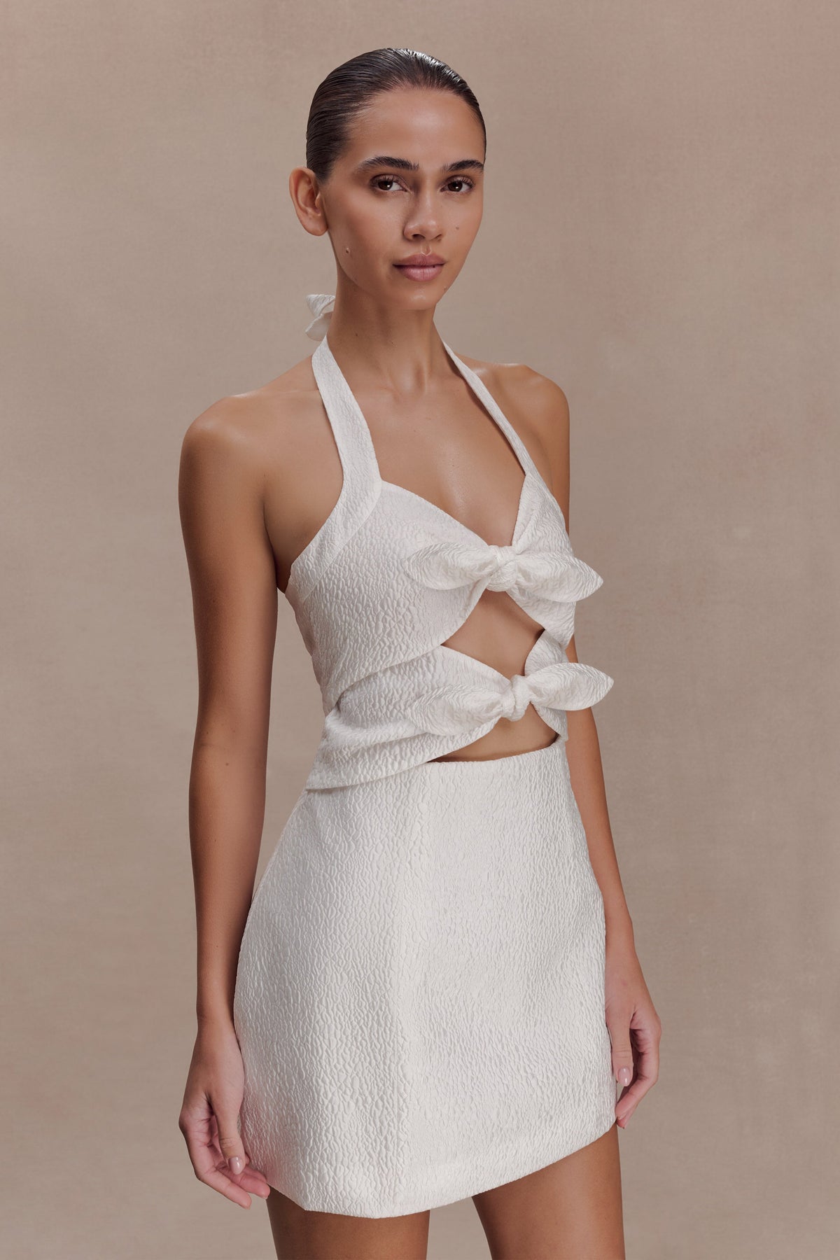 Ella Bow Detail Halter Mini Dress - White #3