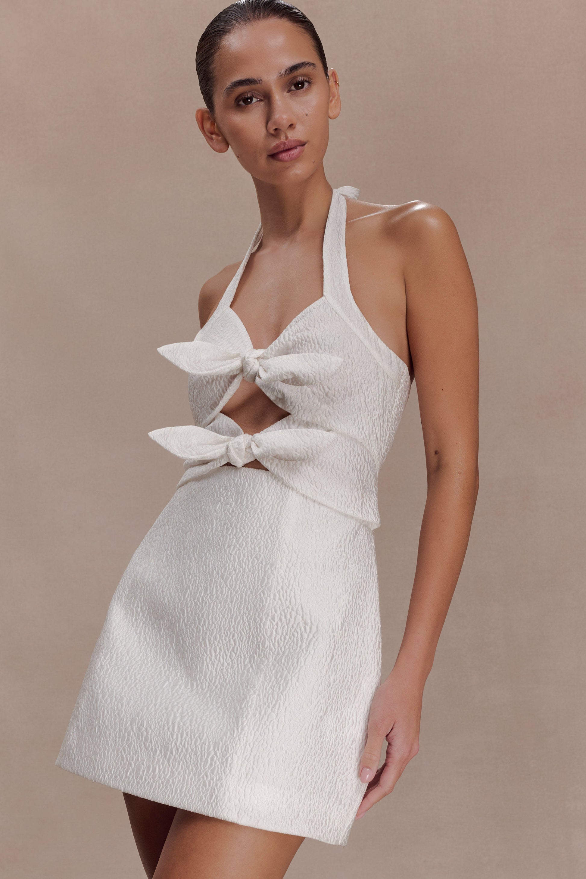 Ella Bow Detail Halter Mini Dress - White #7