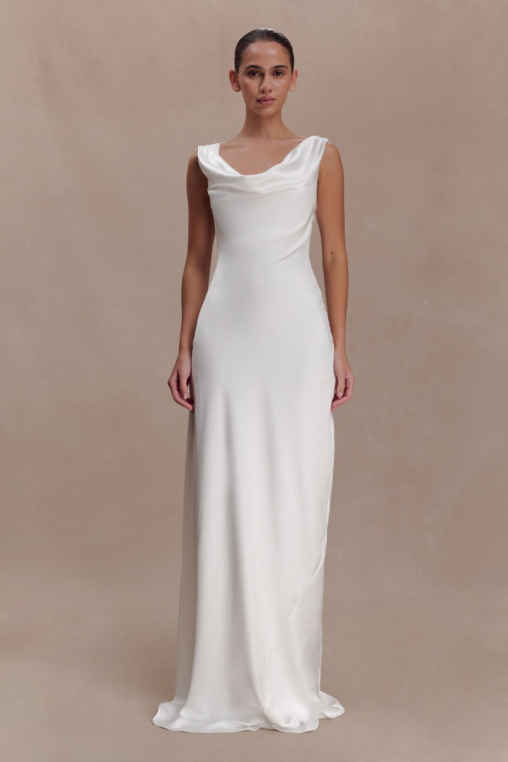 Ashley Cowl Neck Lace And Satin Maxi Dress - Ivory
