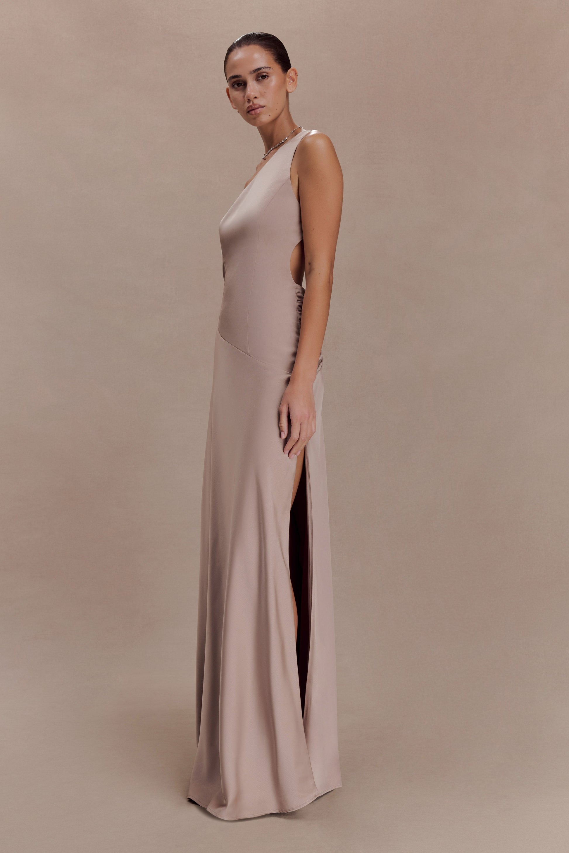 Lyla Asymmetrical Satin Maxi Dress - Bronze Taupe | MESHKI UK Lyla Asymmetrical Satin Maxi Dress - Bronze Taupe | MESHKI UK
