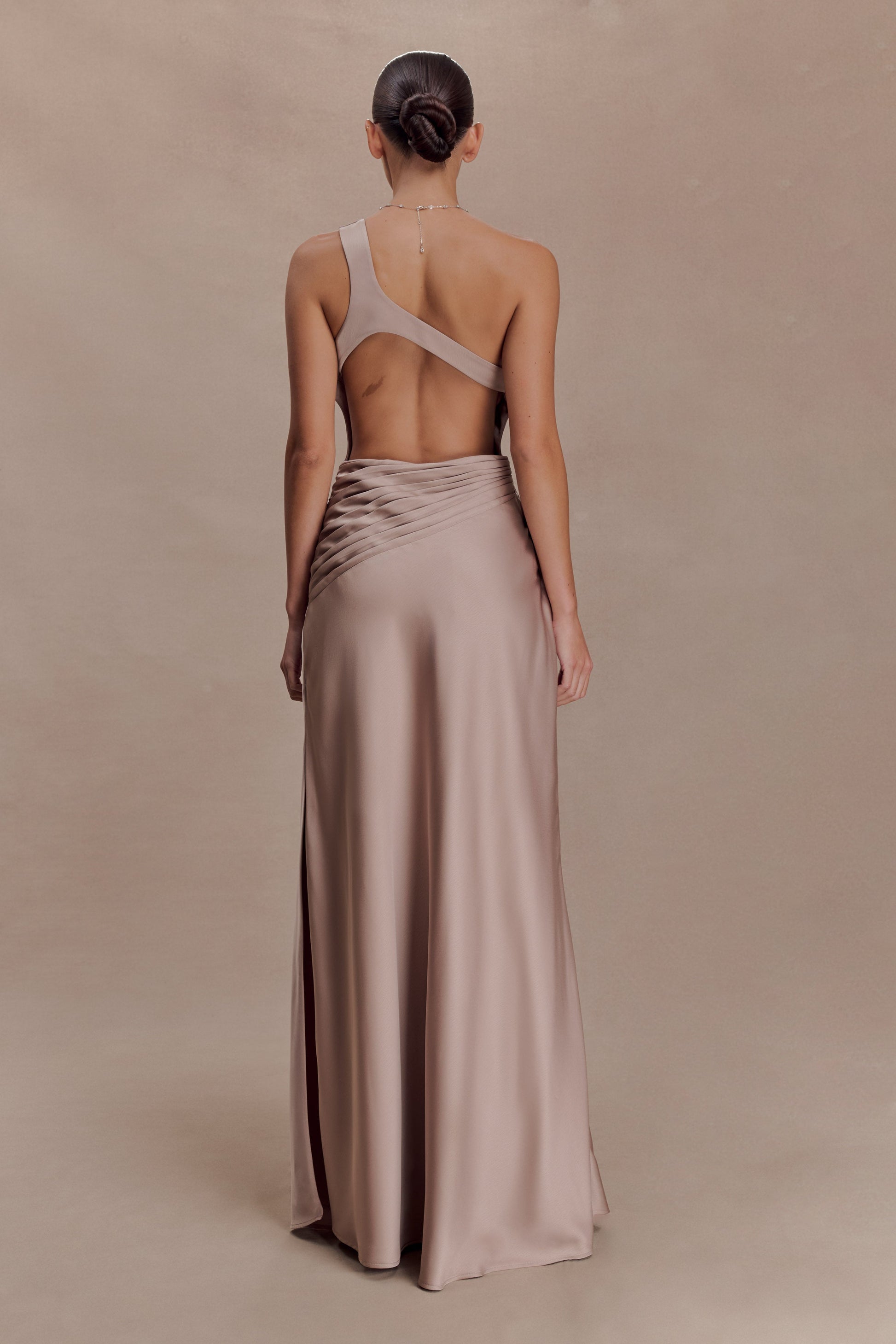brown dress pants women Lyla Asymmetrical Satin Maxi Dress - Bronze Taupe
