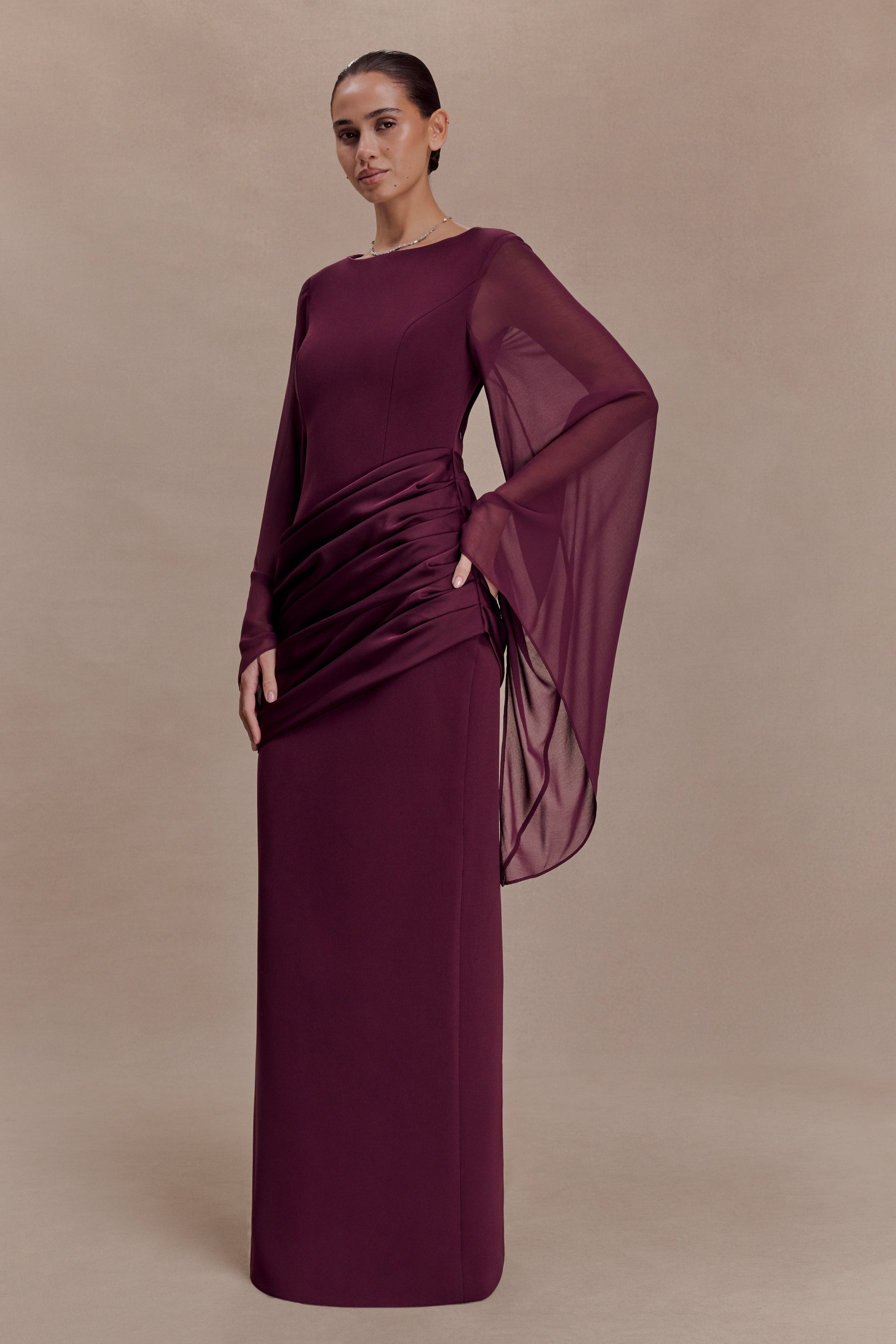 Samantha Waterfall Sleeves Maxi Dress - Wine #4