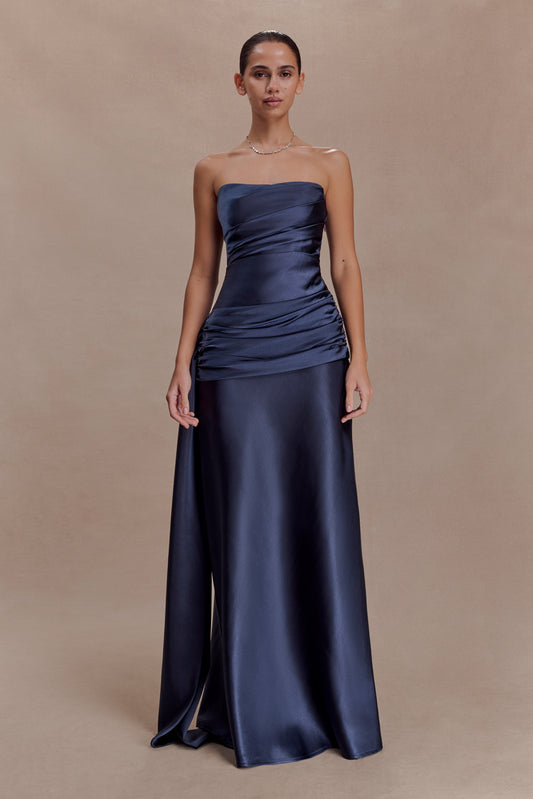 Sarah Strapless Maxi Dress With Waist Tie - Navy