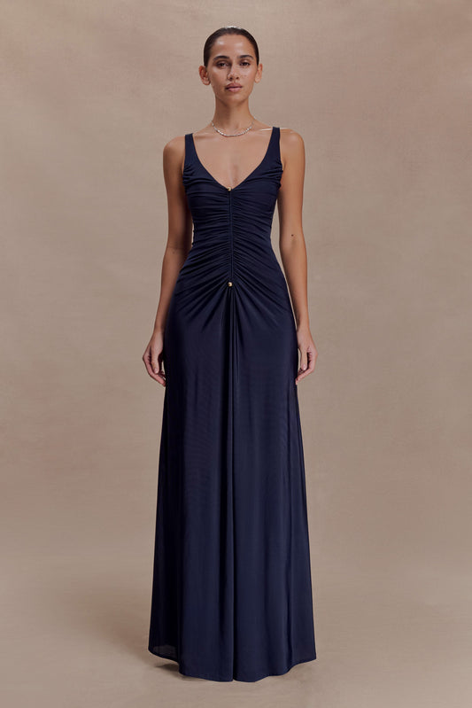 Perrie Slinky Ruched Maxi Dress - Ink Blue