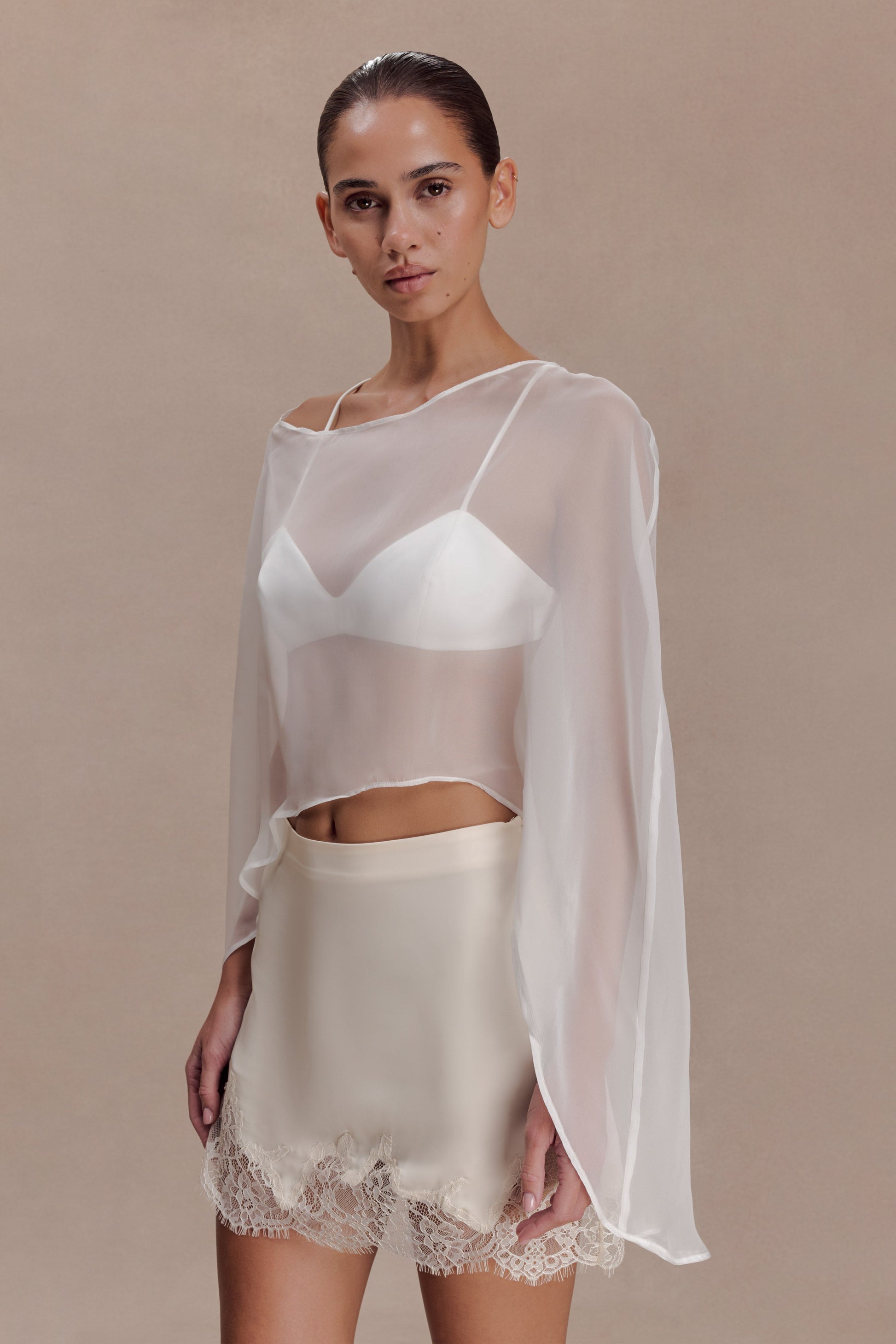 Kirstine Bralette With Chiffon Overlay - Ivory #3