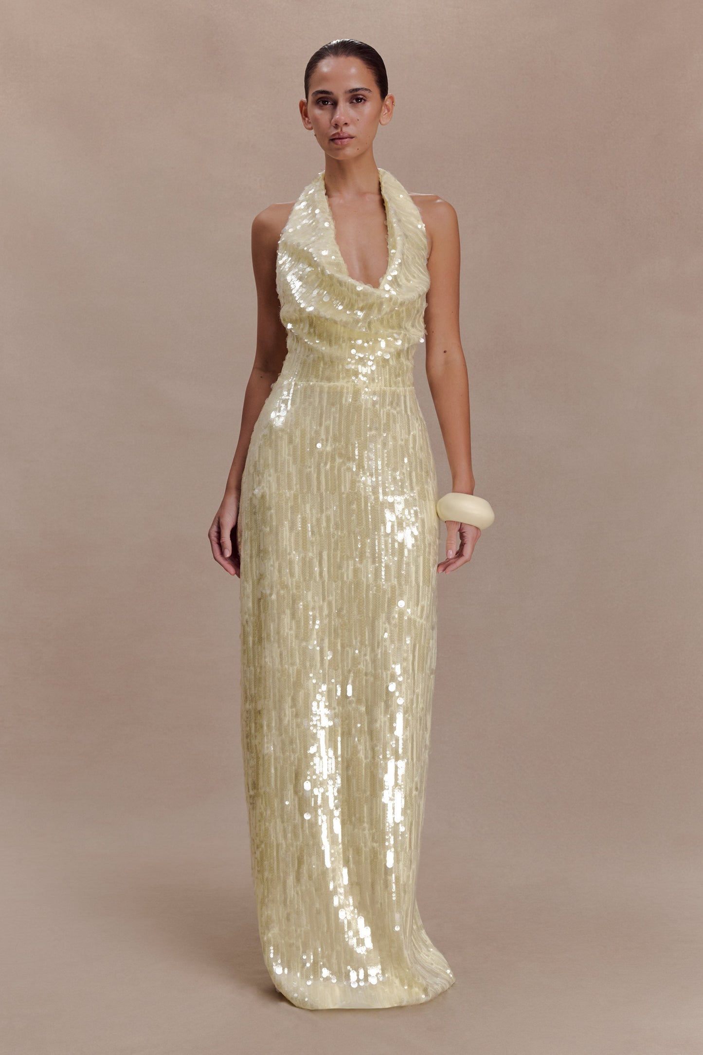 Gertrud Sequin Halter Maxi Dress - Lemon