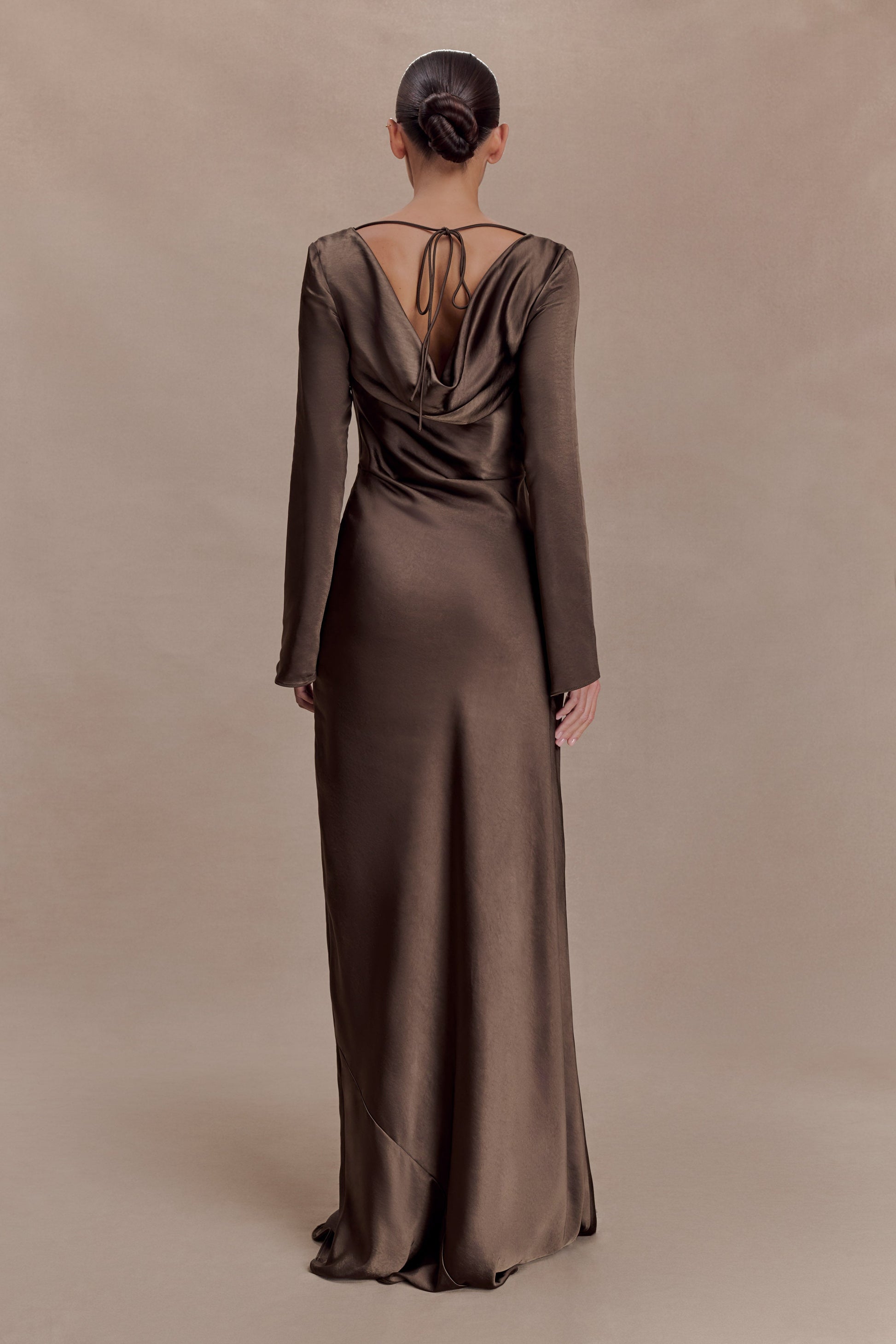Eliza Long Sleeve Cowl Lace And Satin Maxi Dress - Mocha #2