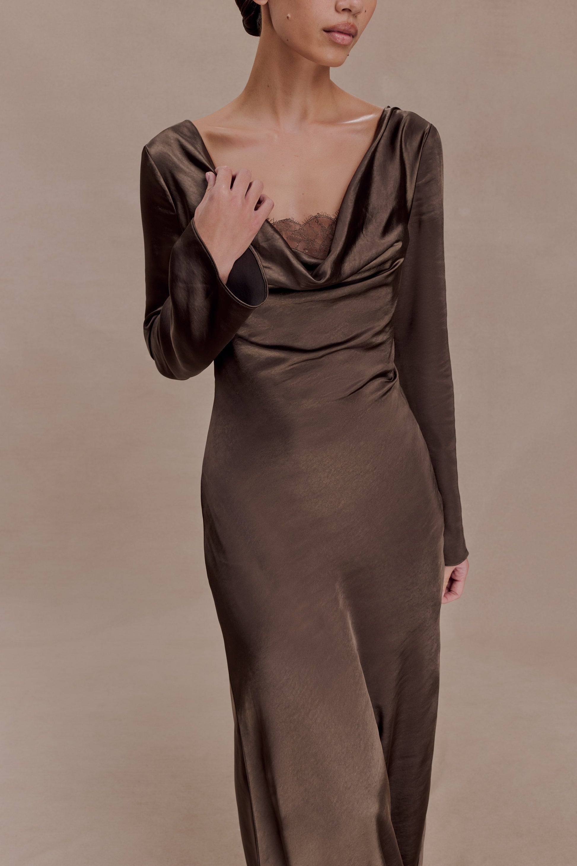 Eliza Long Sleeve Cowl Lace And Satin Maxi Dress - Mocha #3