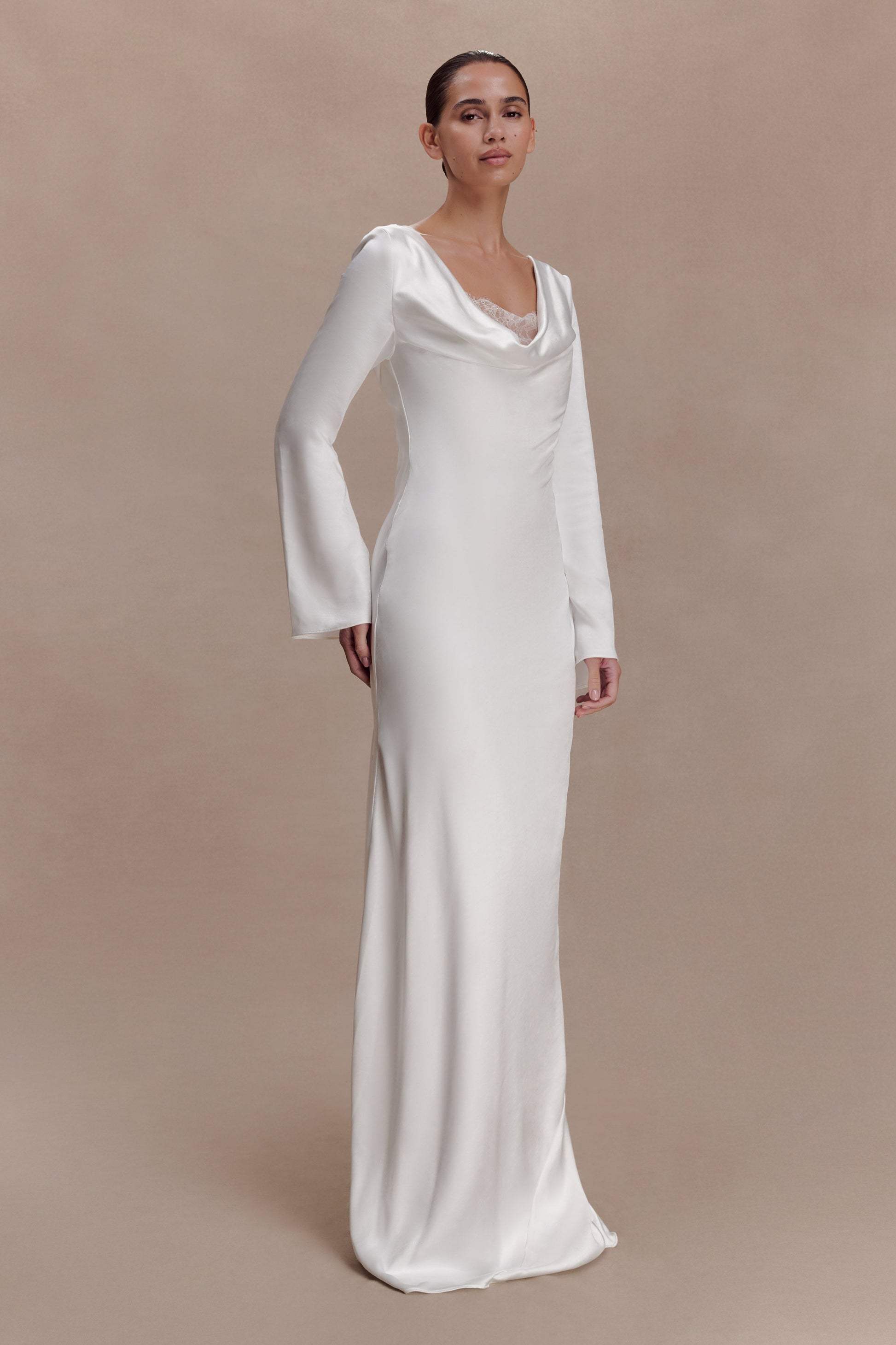 Eliza Long Sleeve Cowl Lace And Satin Maxi Dress - Ivory #4