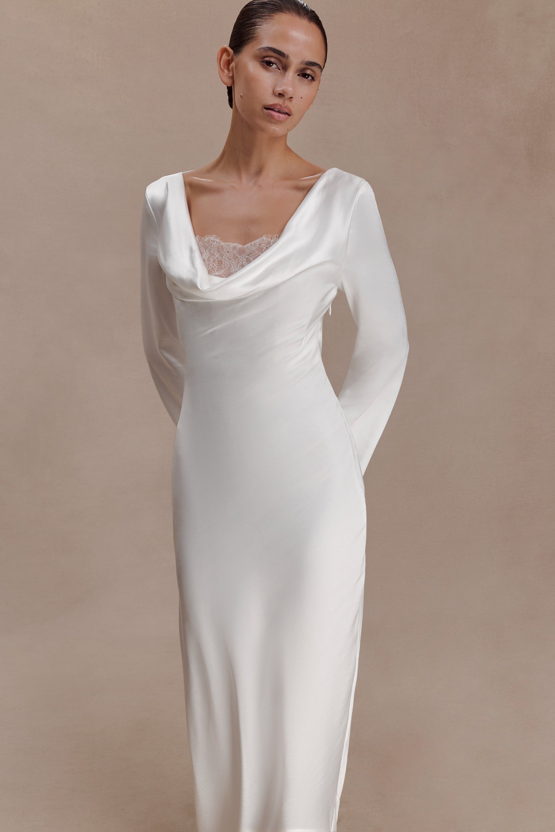 Eliza Long Sleeve Cowl Lace And Satin Maxi Dress - Ivory #5