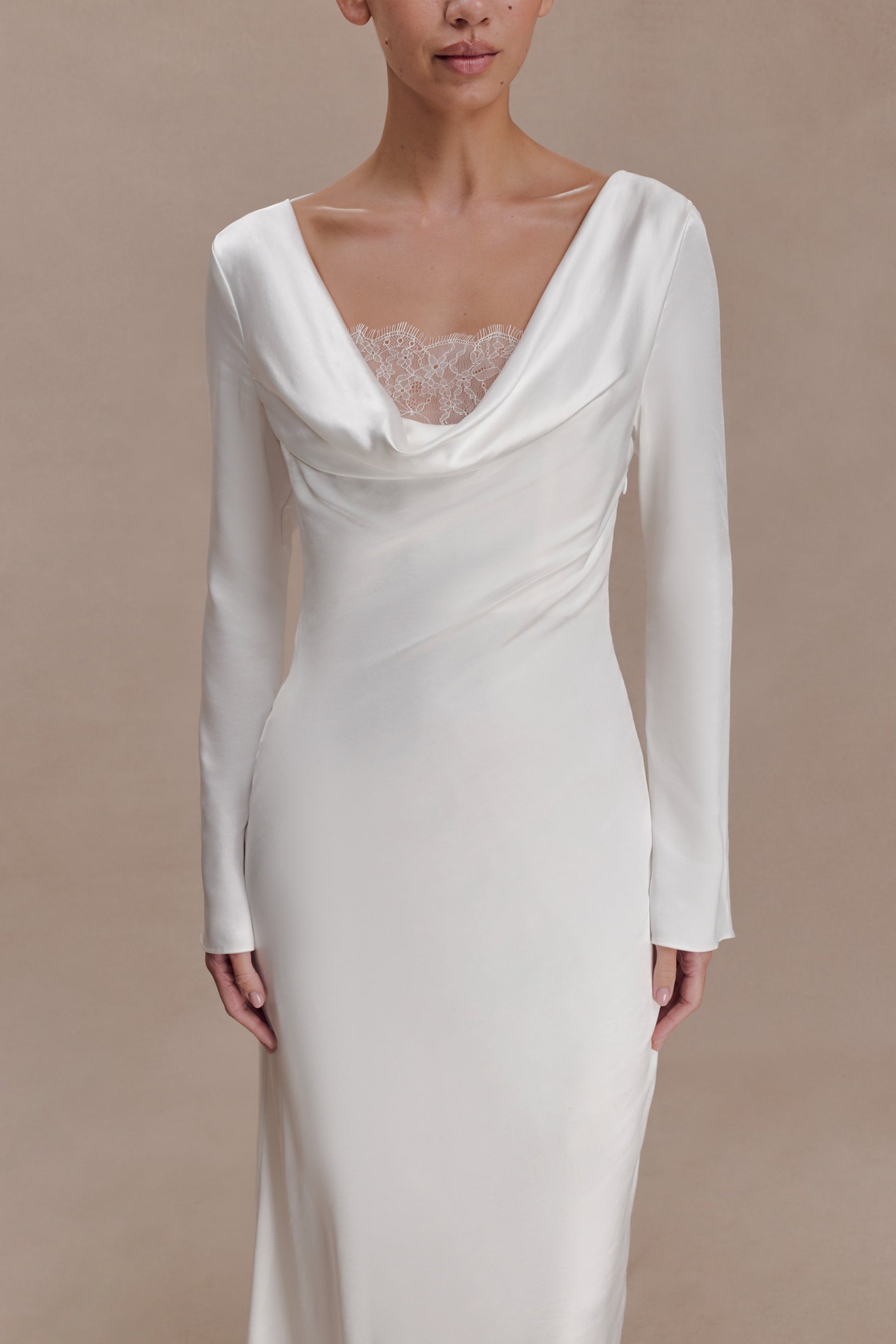 Eliza Long Sleeve Cowl Lace And Satin Maxi Dress - Ivory #3