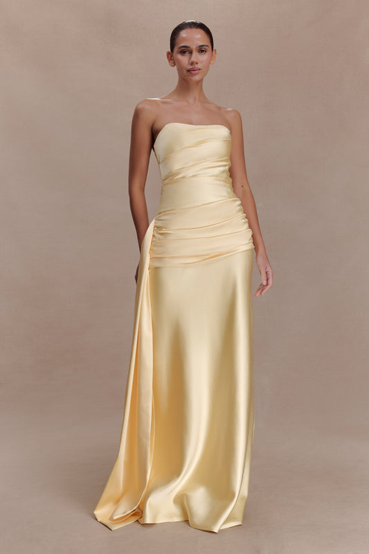 Sarah Strapless Maxi Dress With Waist Tie - Lemon