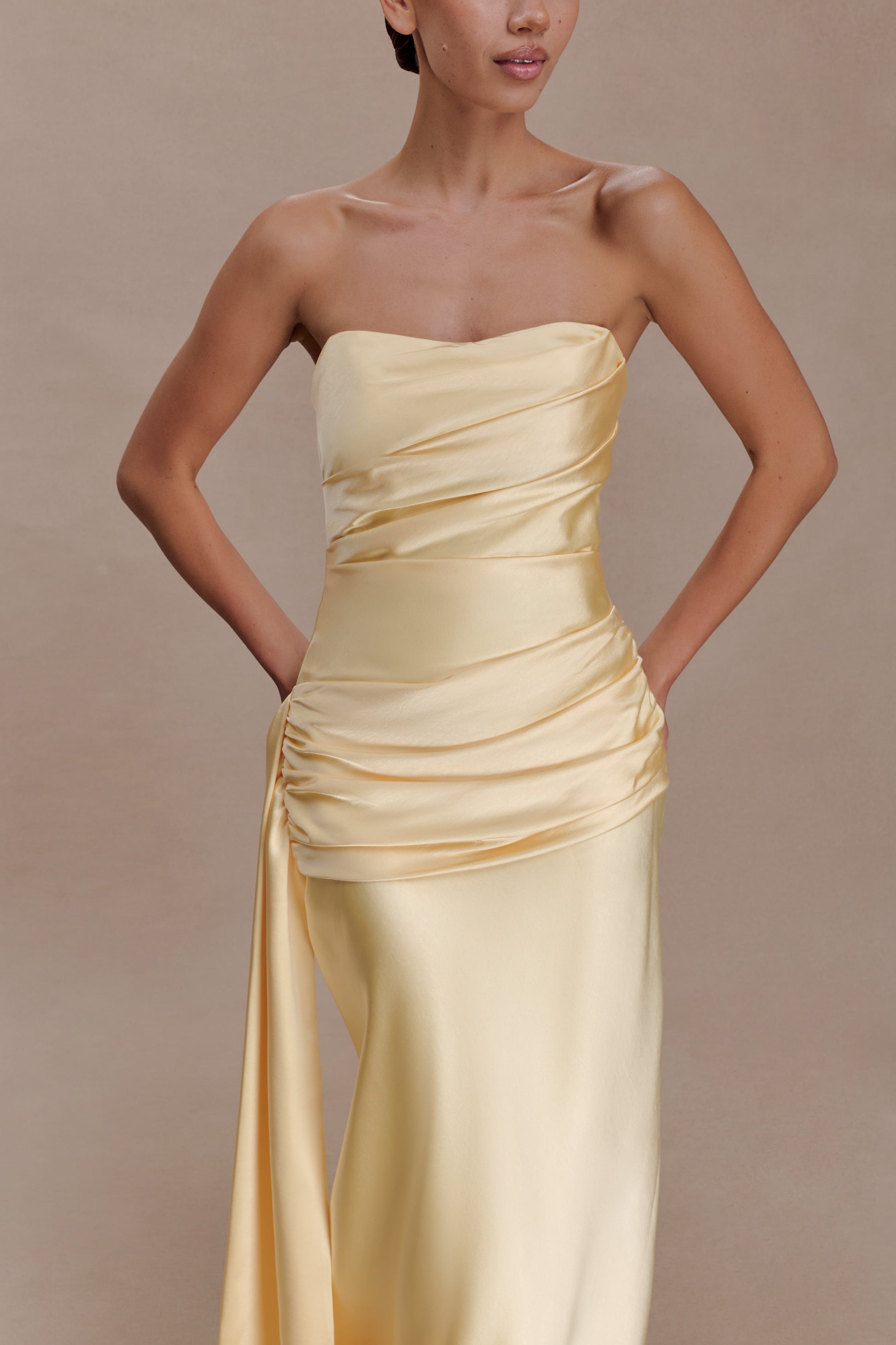 Sarah Strapless Maxi Dress With Waist Tie - Lemon #3