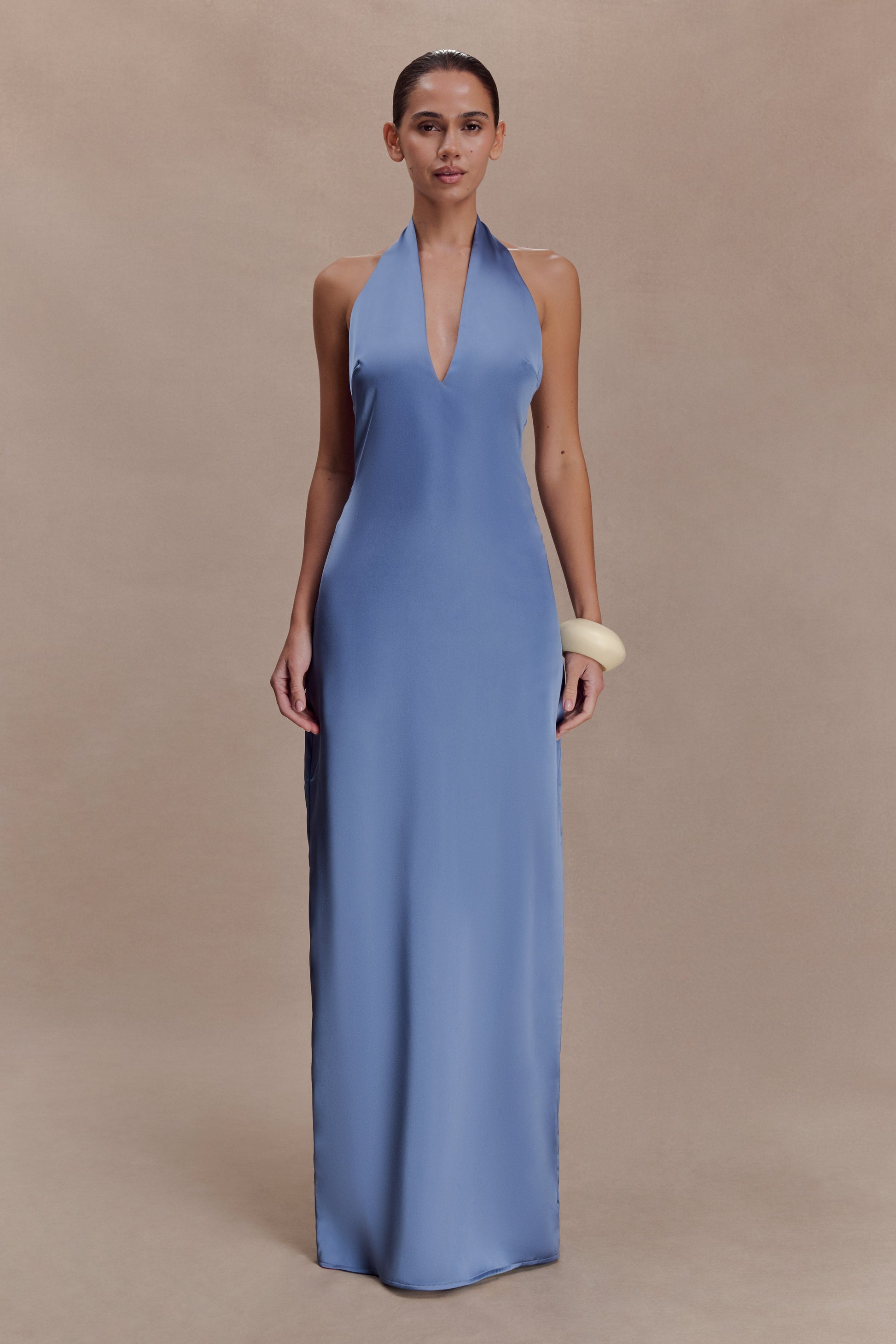 Jade Satin Halter Maxi Dress - Steel Blue | MESHKI UK Jade Satin Halter Maxi Dress - Steel Blue | MESHKI UK
