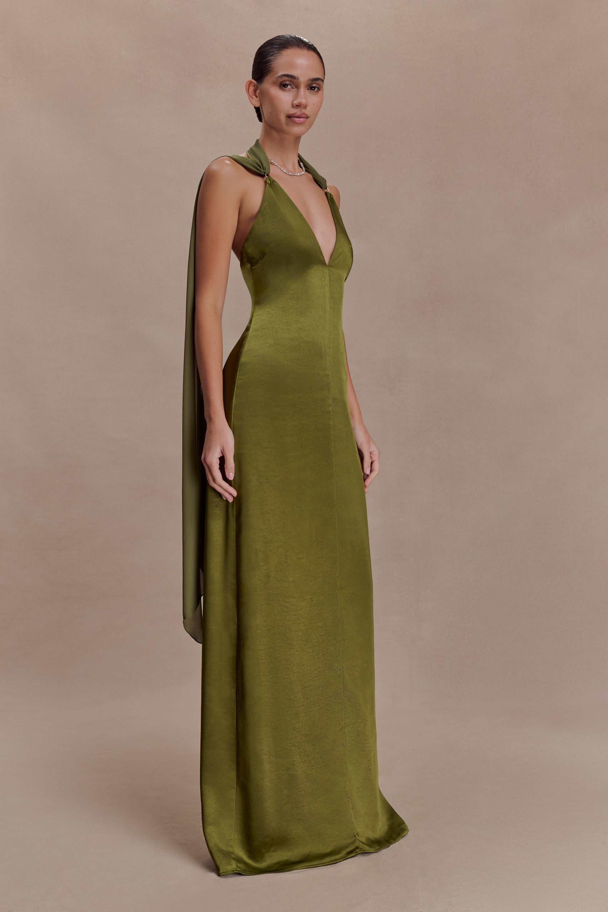 Myla Draped Shoulders Satin Maxi Dress - Khaki #4
